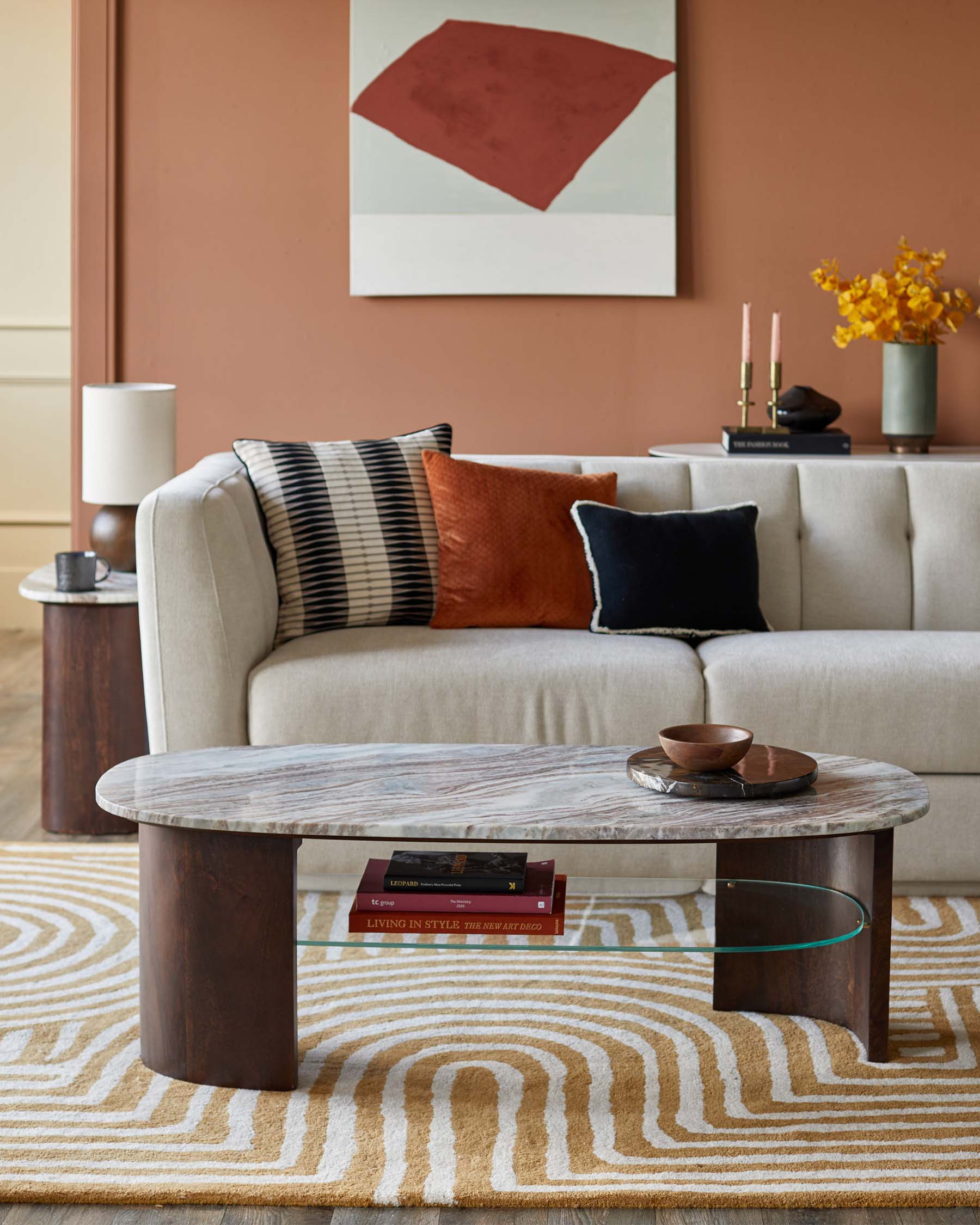 Adalynn dark wood toronto marble coffee table with mango wood - Image 2