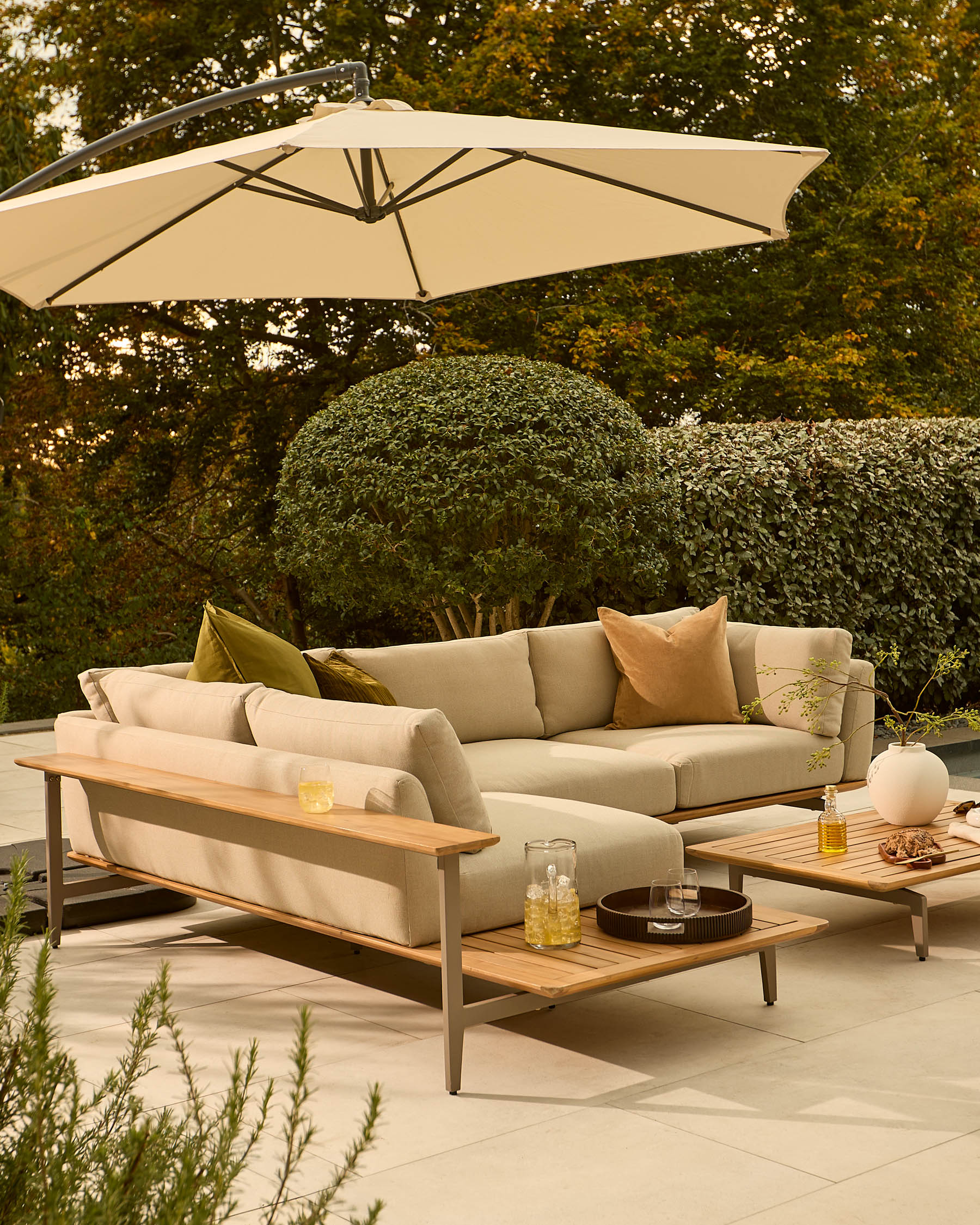 Alvaro natural garden left hand corner bench with coffee table set - Image 3