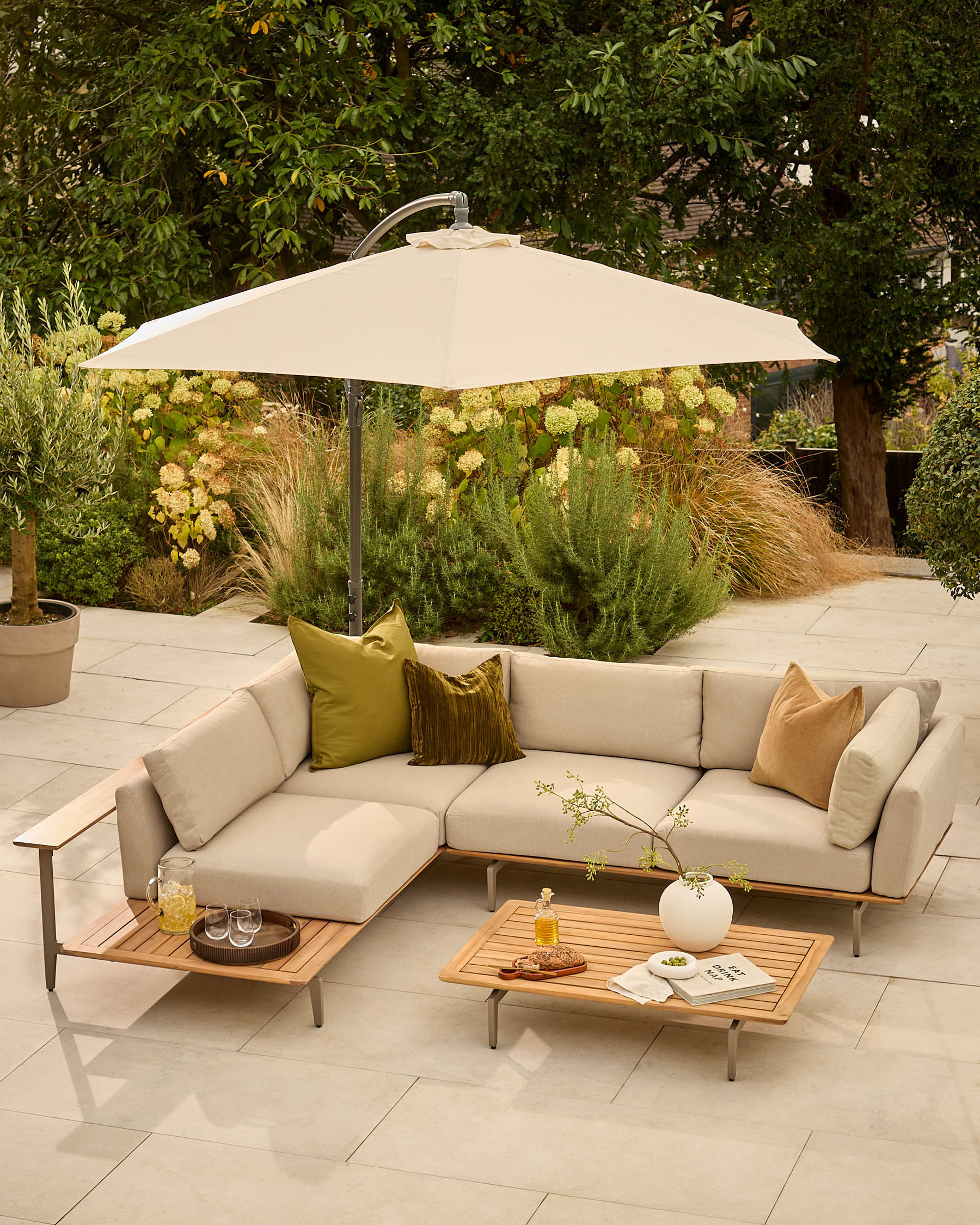 Alvaro natural garden left hand corner bench with coffee table set - Image 5