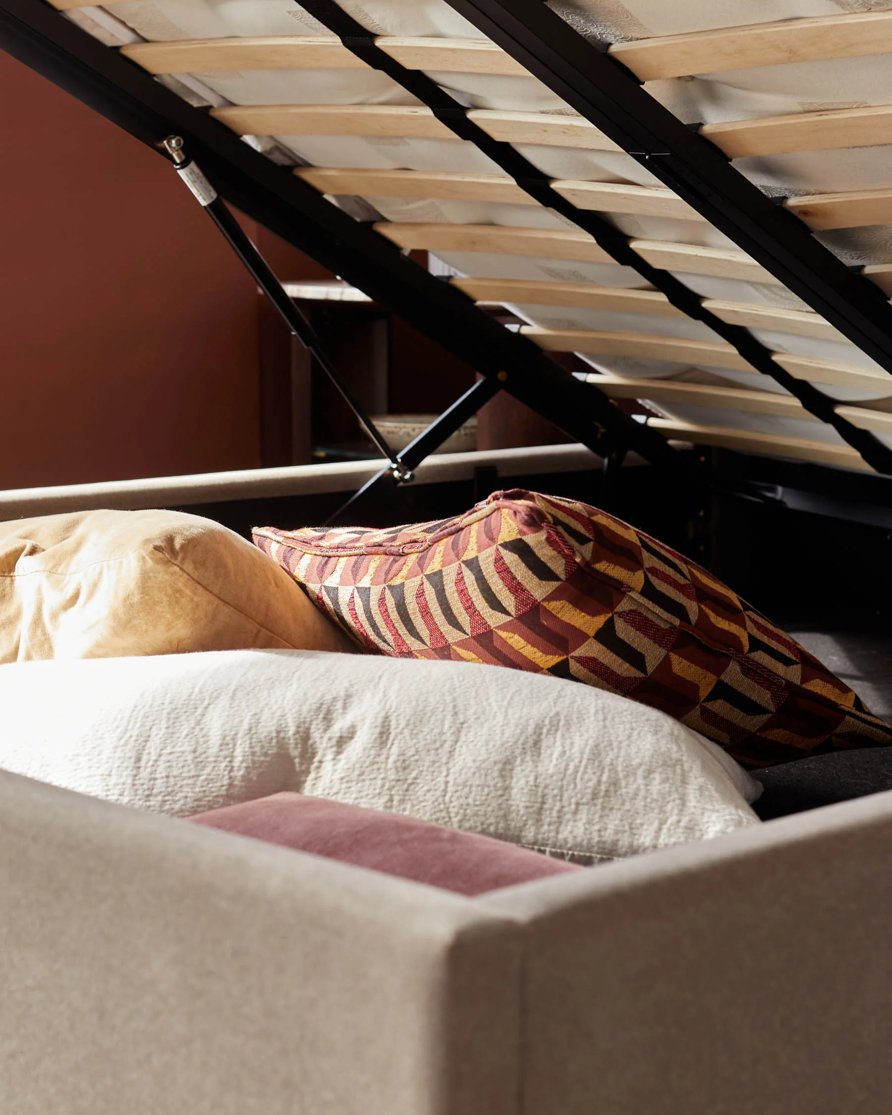 Amalfi mocha fabric double ottoman storage bed - Image 6