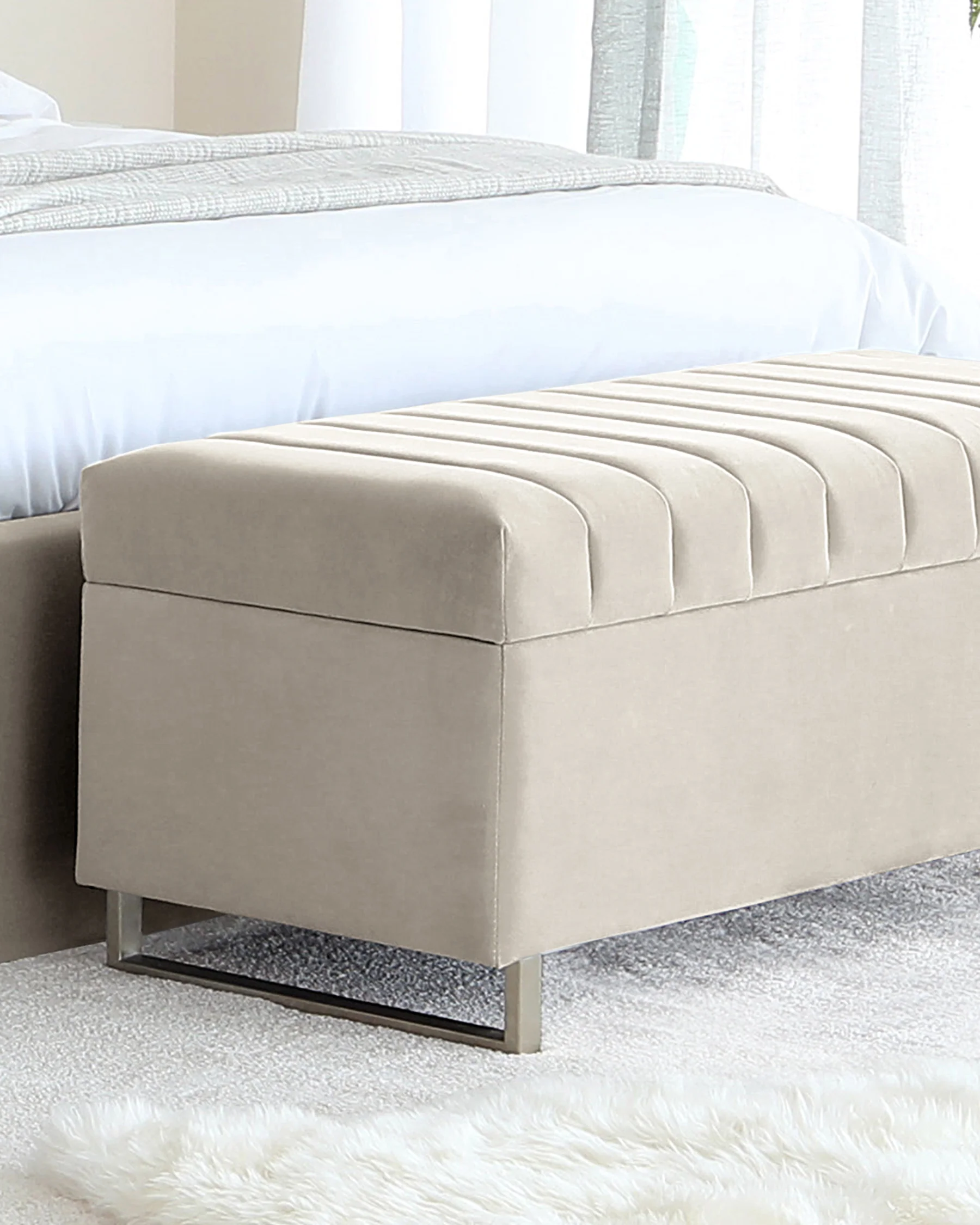 Amalfi Champagne Velvet And Brushed Steel Ottoman Storage Bench - Image 3