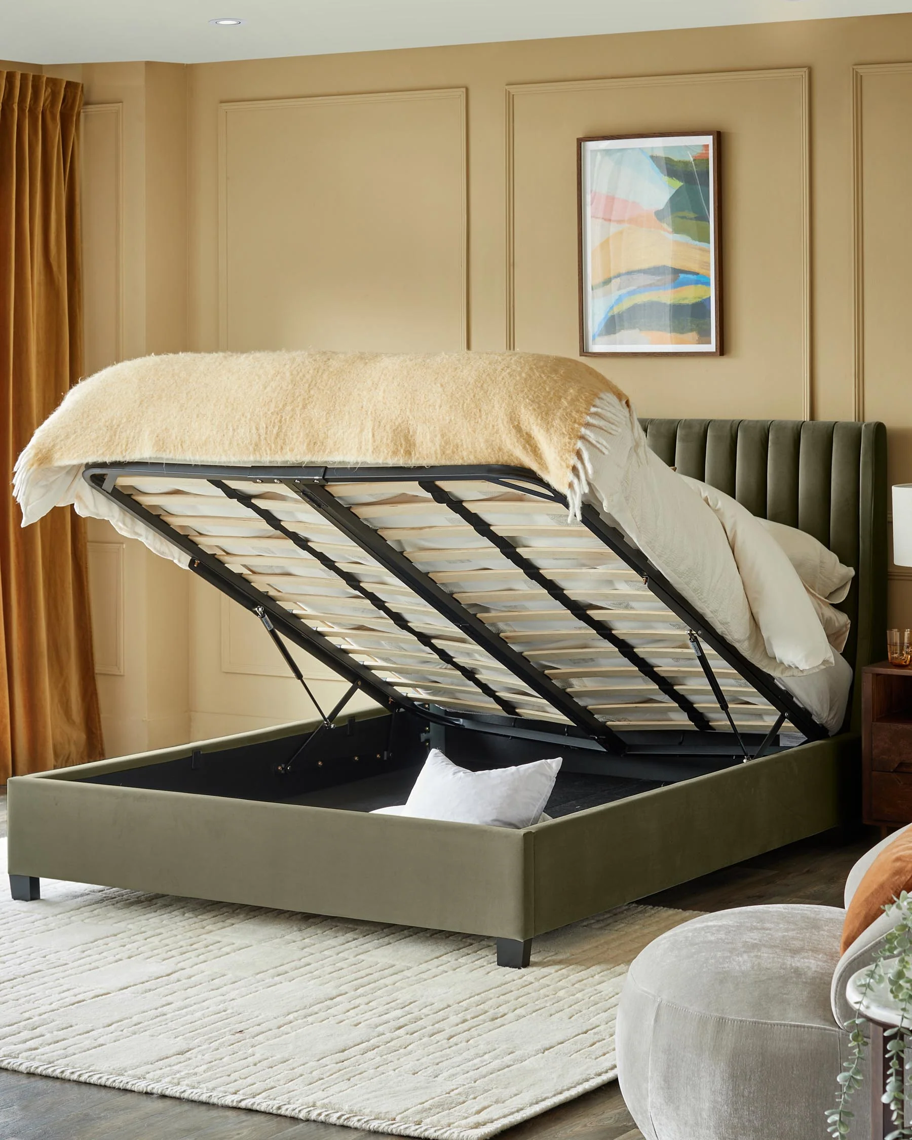 Amalfi olive green velvet double ottoman storage bed - Image 3