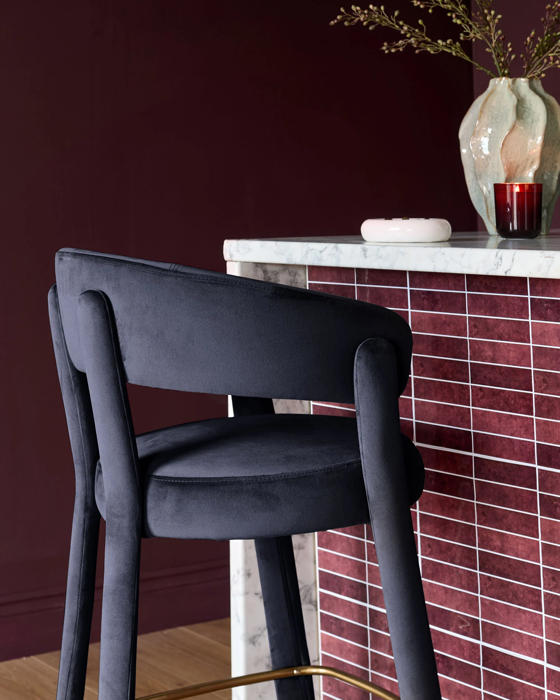Anya dark navy velvet brushed bronze bar stool - Image 6