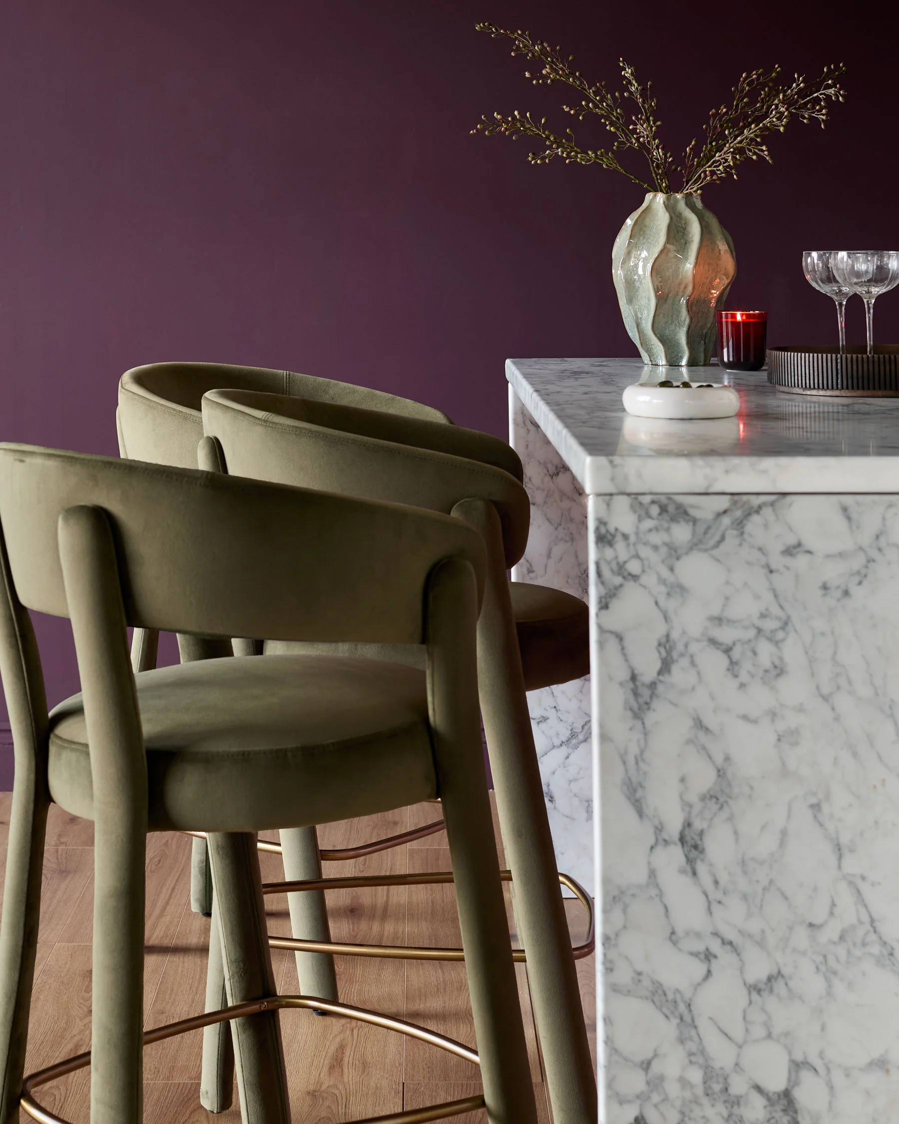 Anya olive green velvet brushed bronze bar stool - Image 3
