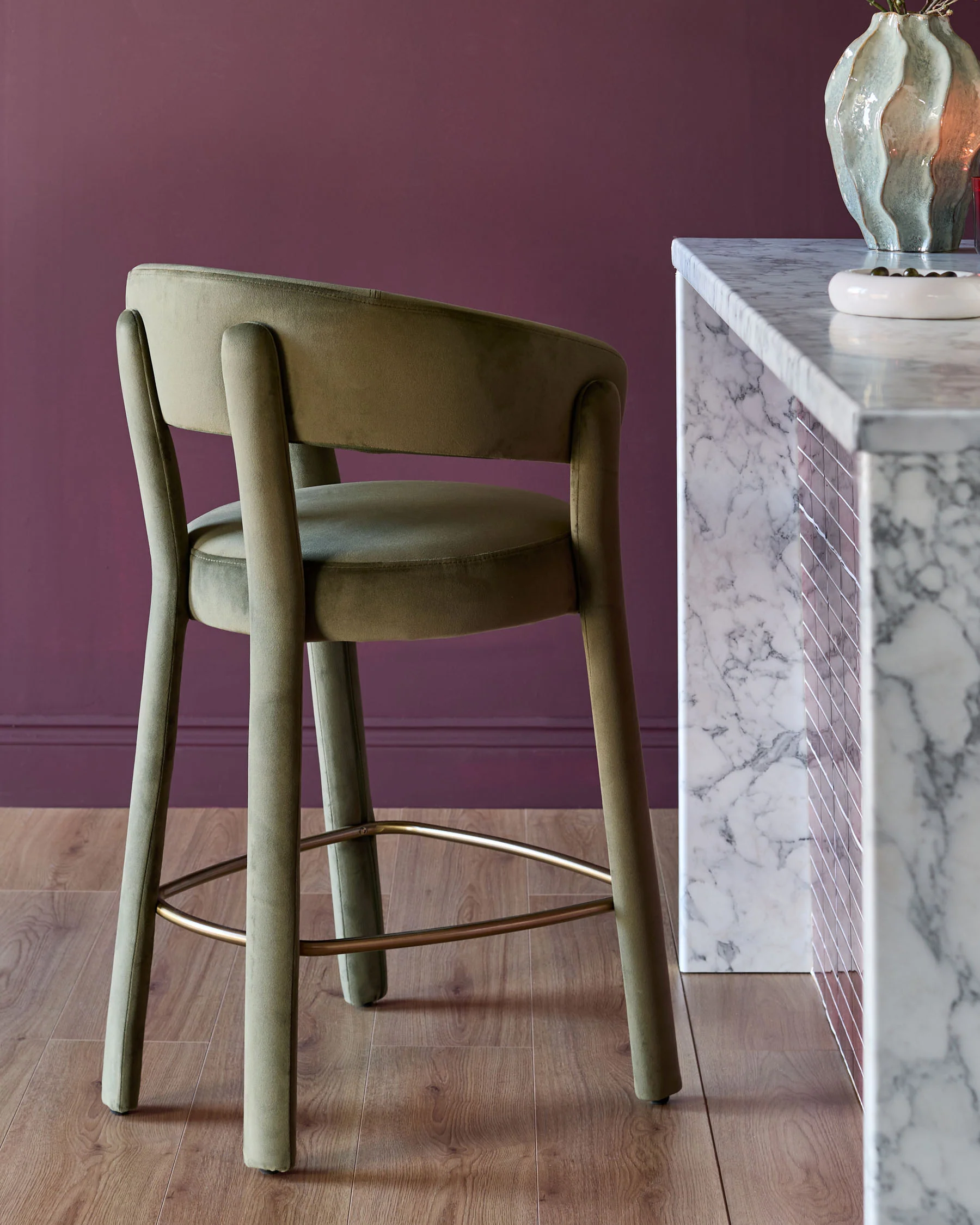 Anya olive green velvet brushed bronze bar stool - Image 4