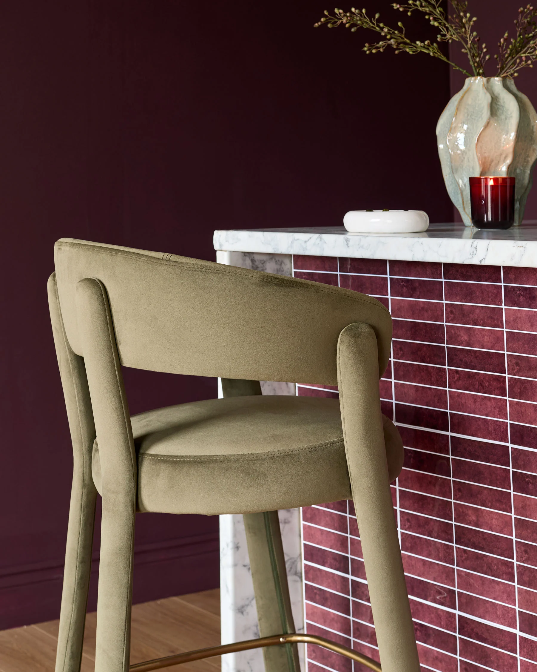 Anya olive green velvet brushed bronze bar stool - Image 5