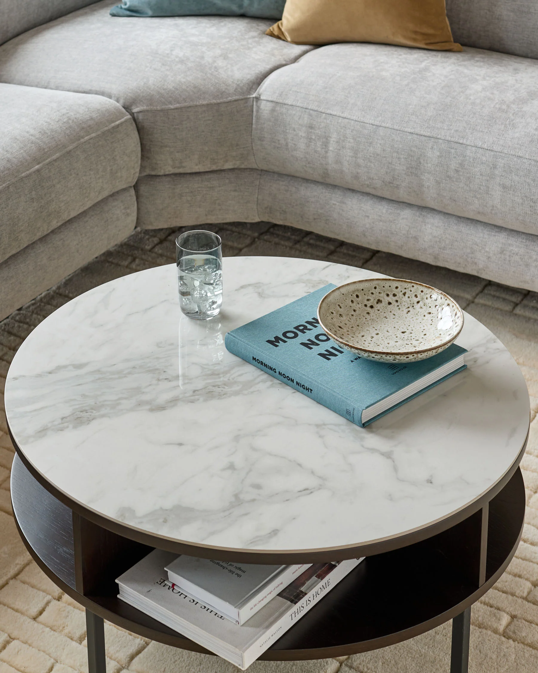 Aurora Marbled Ceramic and Dark Oak Round Coffee Table - Image 5