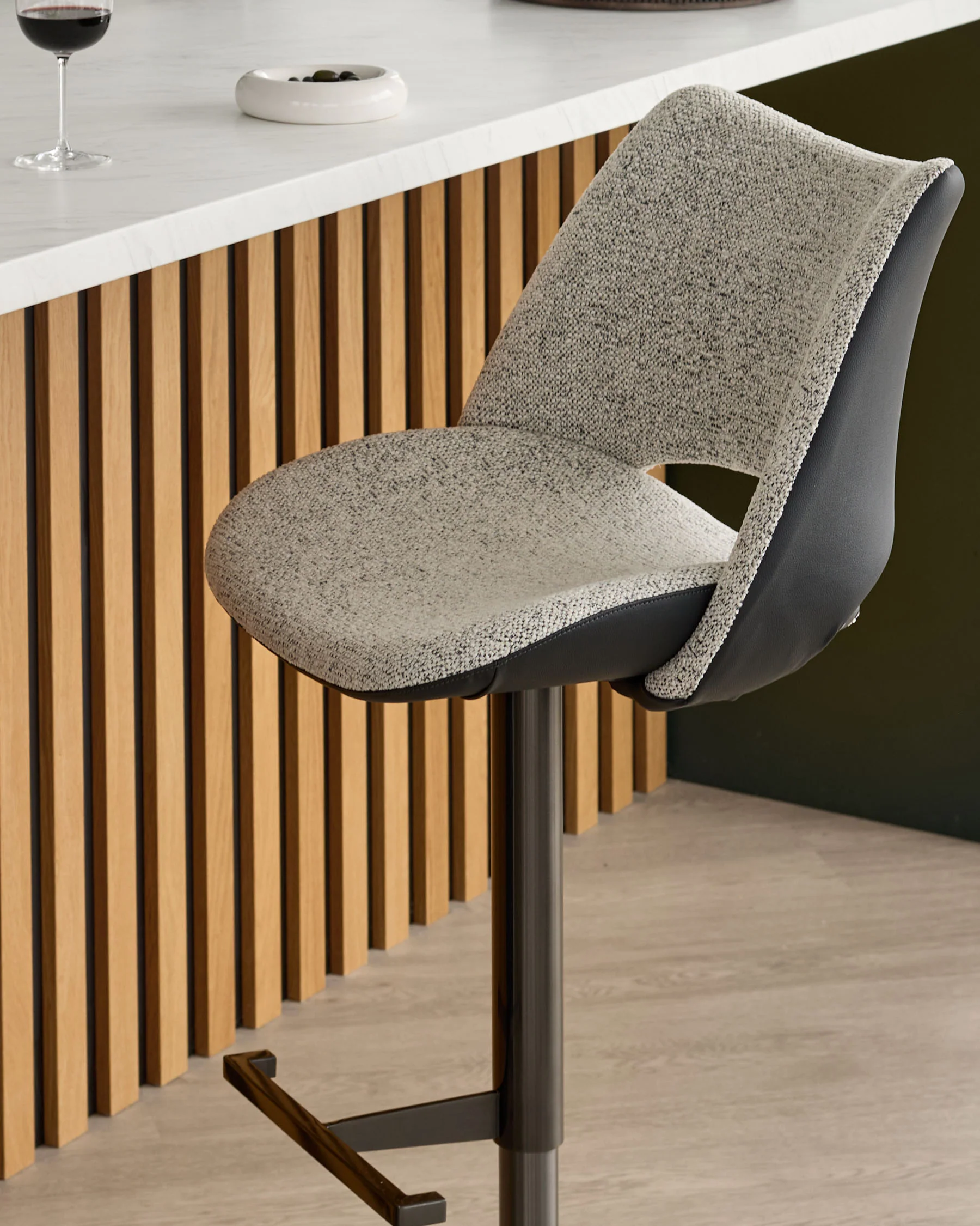 Bronwyn grey fabric and black leather gas lift bar stool - Image 9