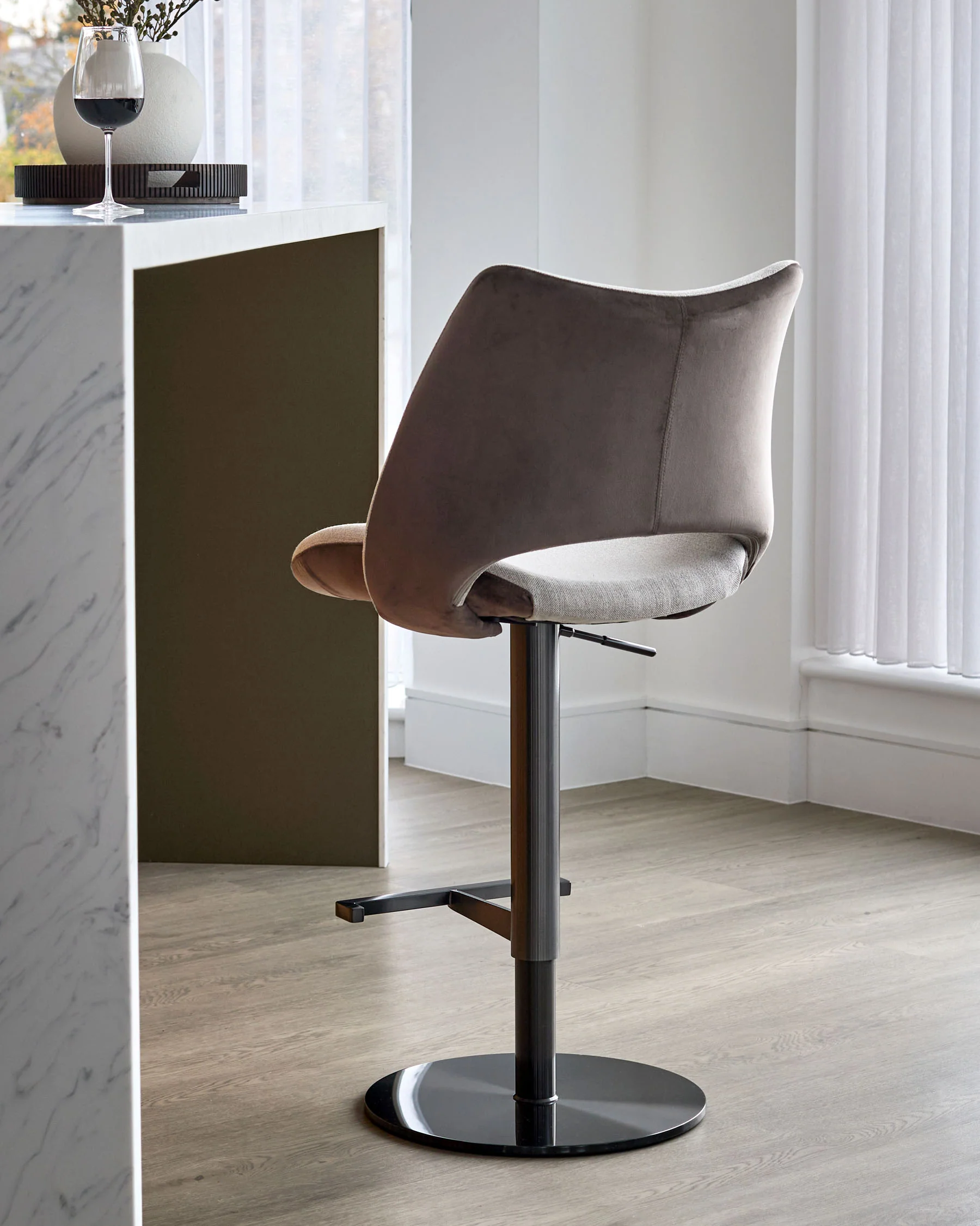 Bronwyn natural fabric and mocha velvet gas lift bar stool - Image 3