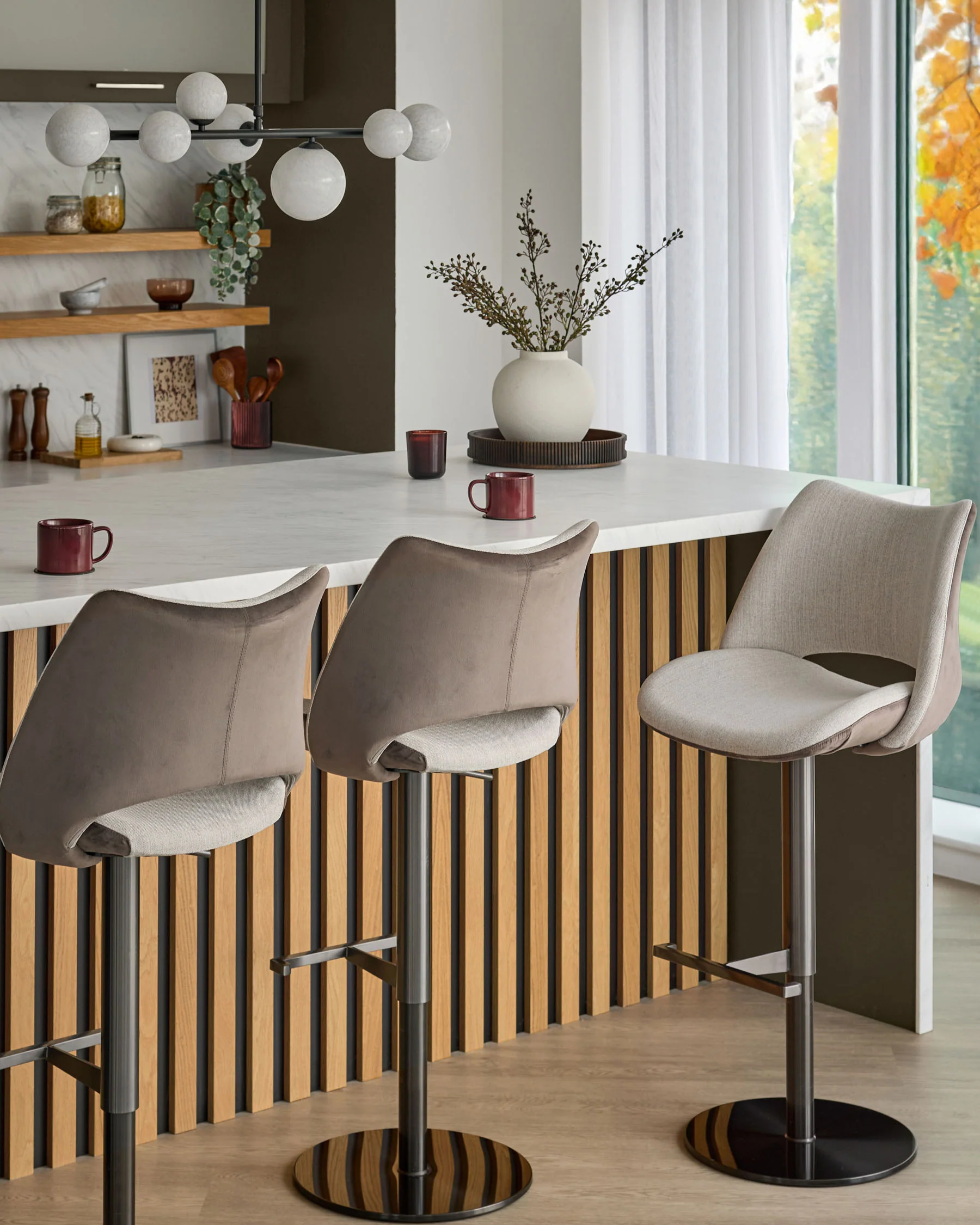 Bronwyn natural fabric and mocha velvet gas lift bar stool - Image 4