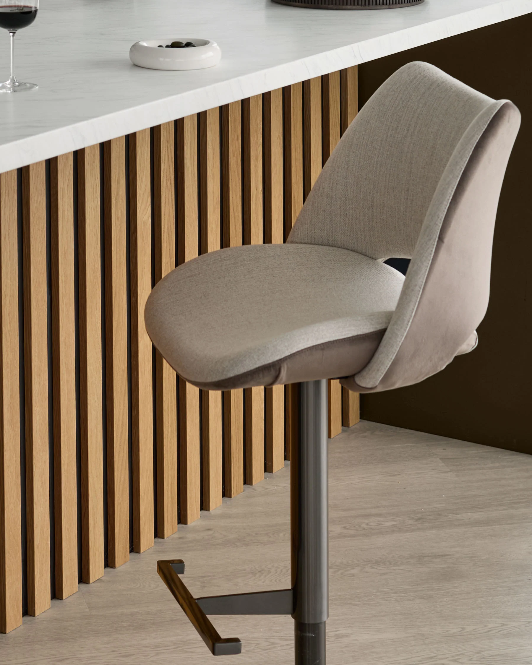 Bronwyn natural fabric and mocha velvet gas lift bar stool - Image 8