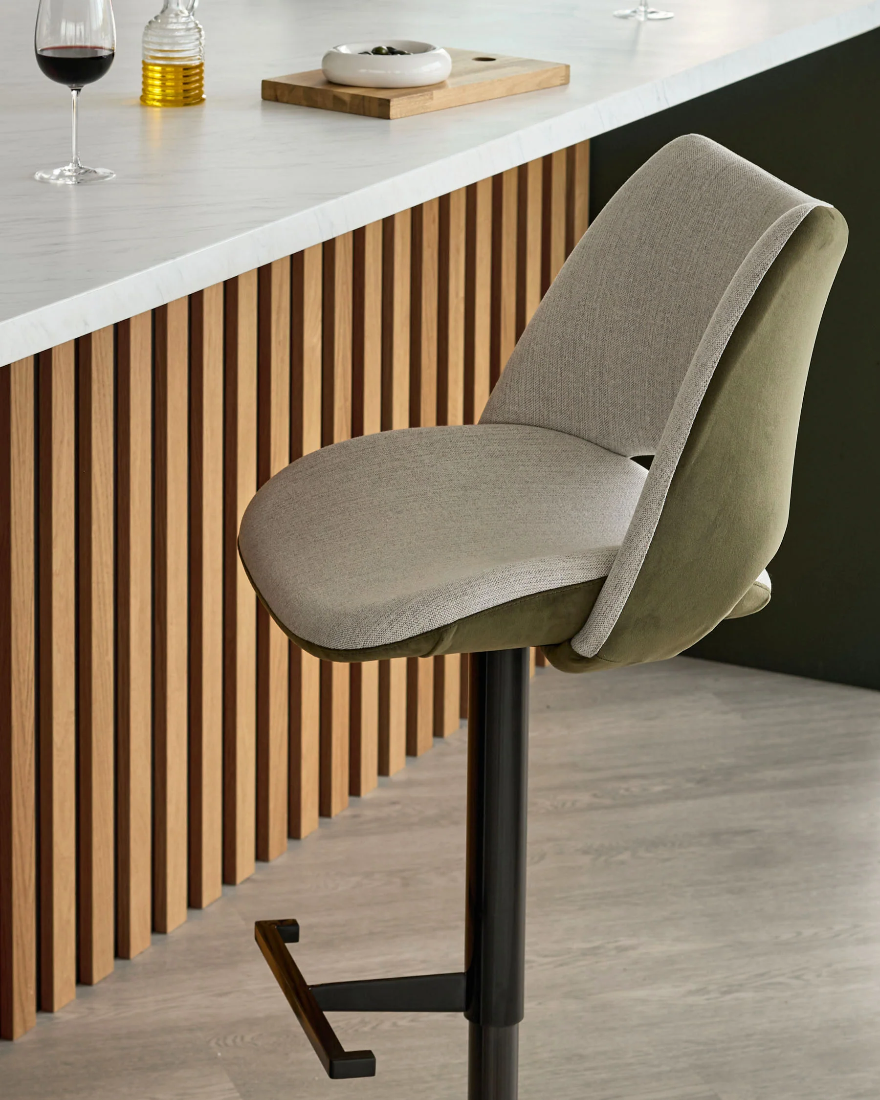 Bronwyn natural fabric and olive green velvet gas lift bar stool - Image 10