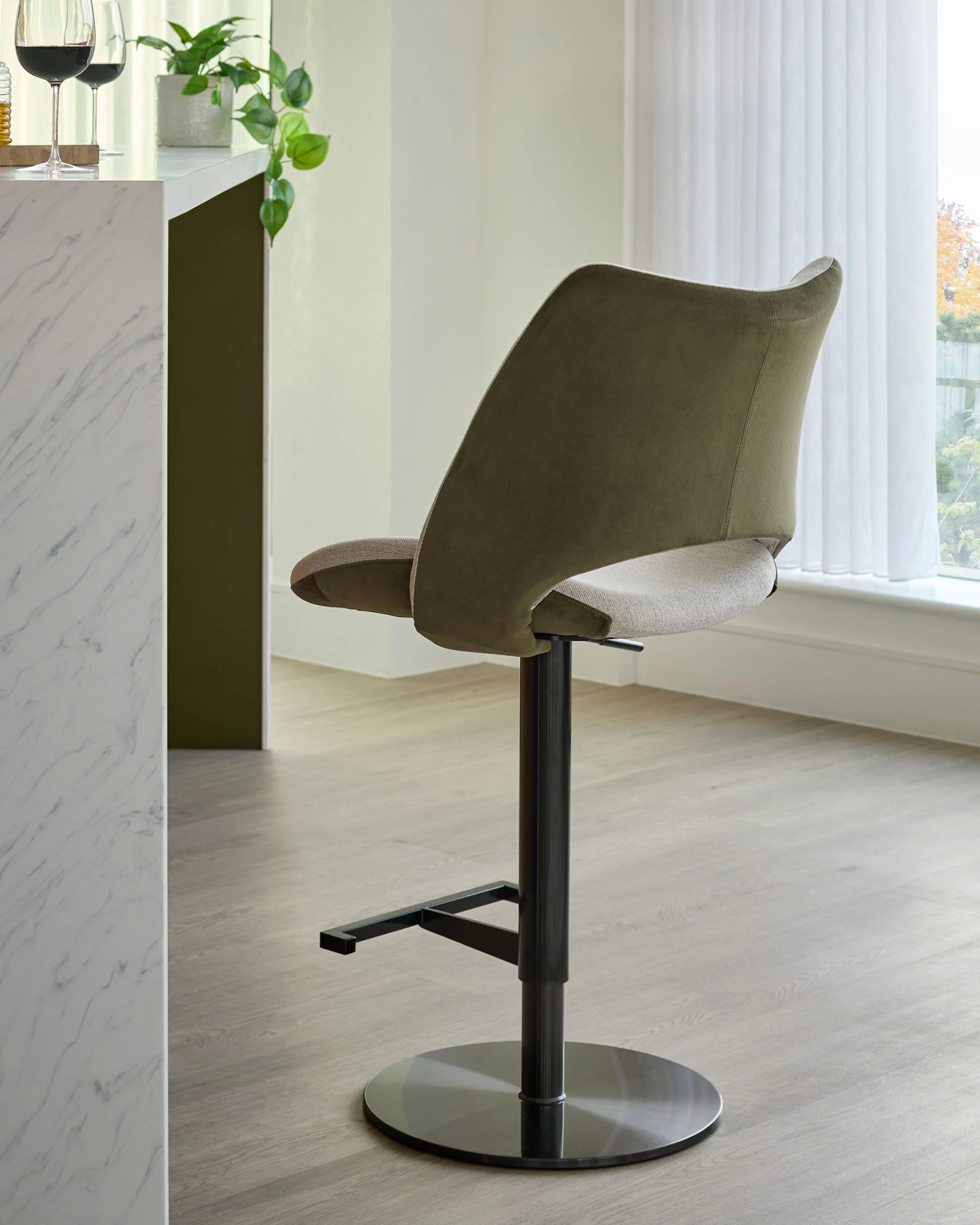 Bronwyn natural fabric and olive green velvet gas lift bar stool - Image 2