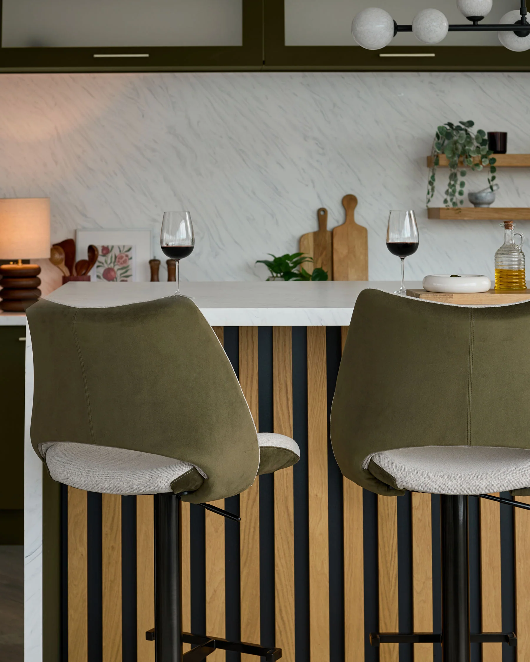 Bronwyn natural fabric and olive green velvet gas lift bar stool - Image 3