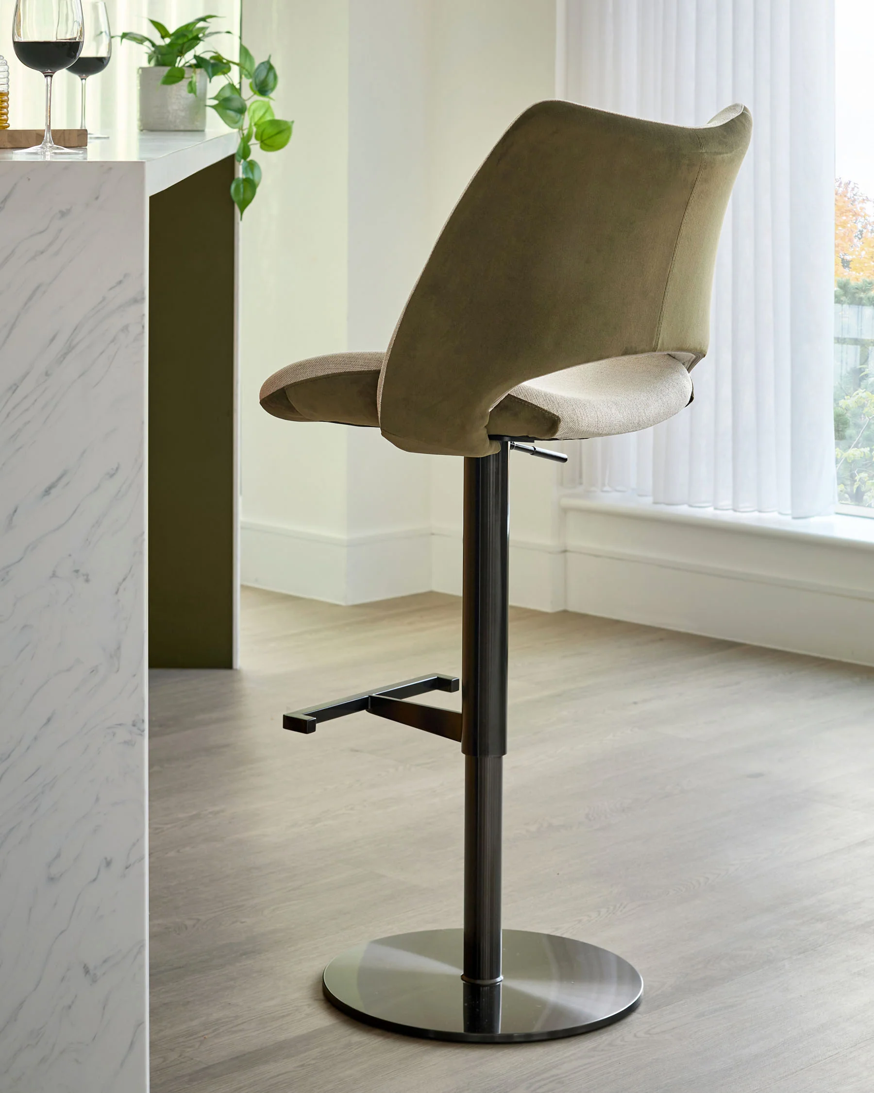 Bronwyn natural fabric and olive green velvet gas lift bar stool - Image 4