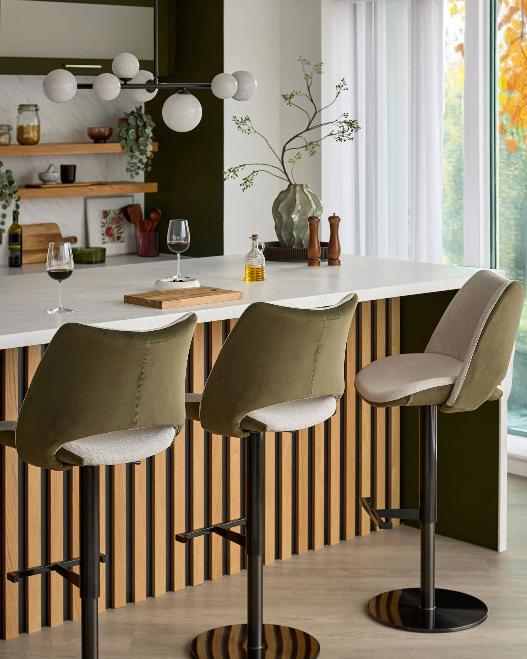 Bronwyn natural fabric and olive green velvet gas lift bar stool - Image 9