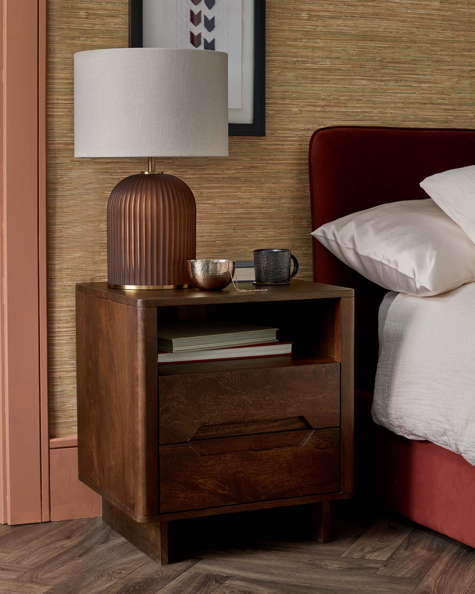 Bryce dark mango wood 2 drawer bedside table - Image 2