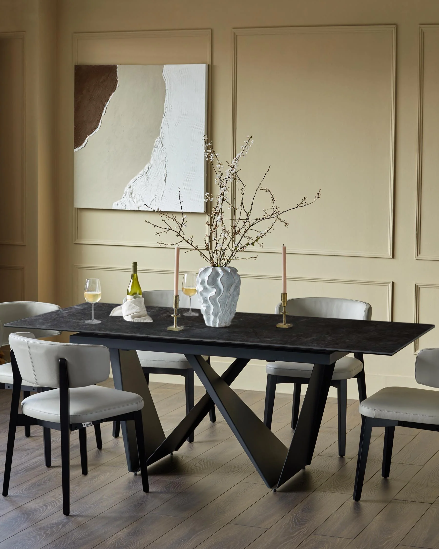 Calenzano dark grey ceramic 6-8 seater table and 6 Harris dining chairs set