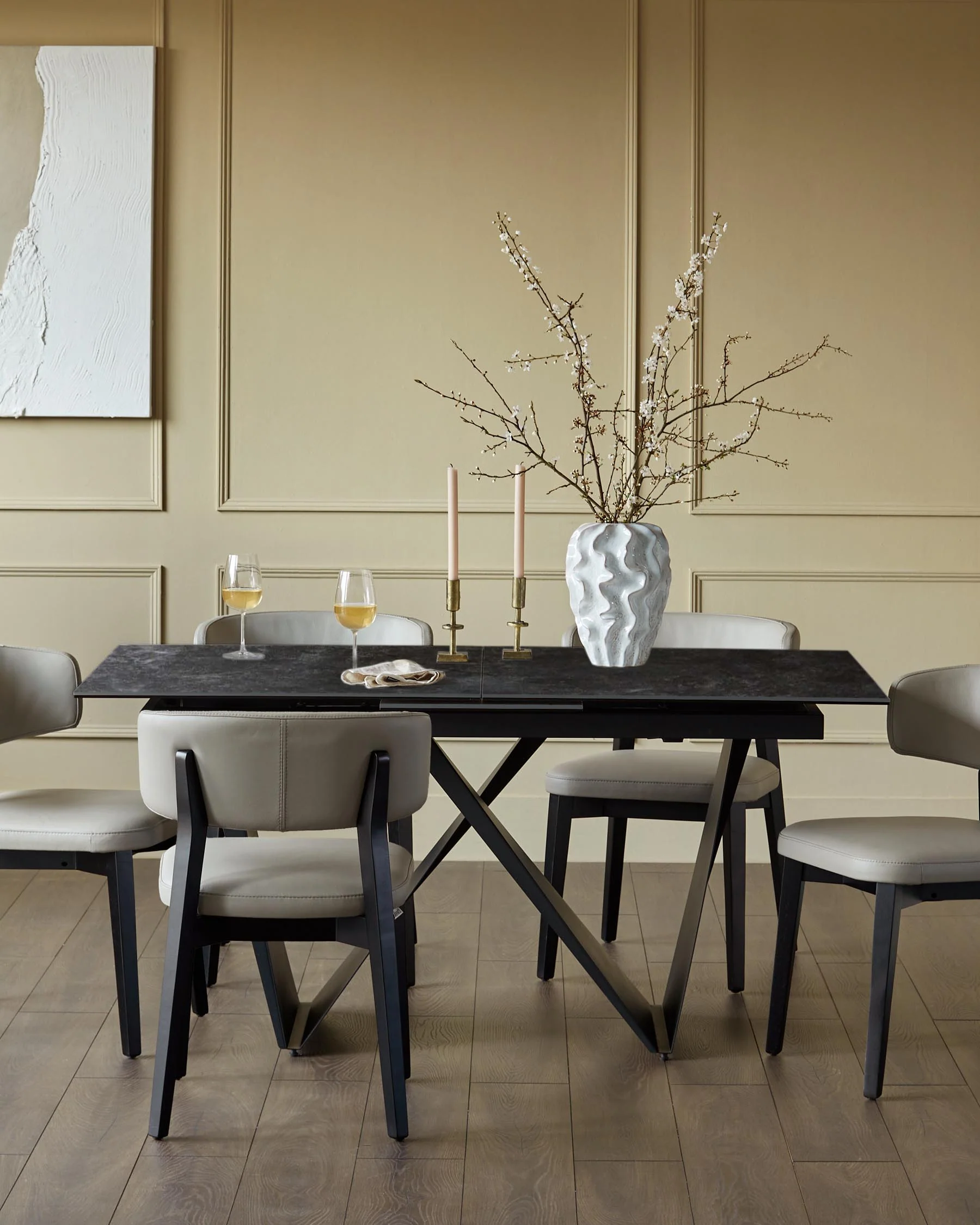 Calenzano dark grey ceramic 6-8 seater table and 6 Harris dining chairs set - Image 2