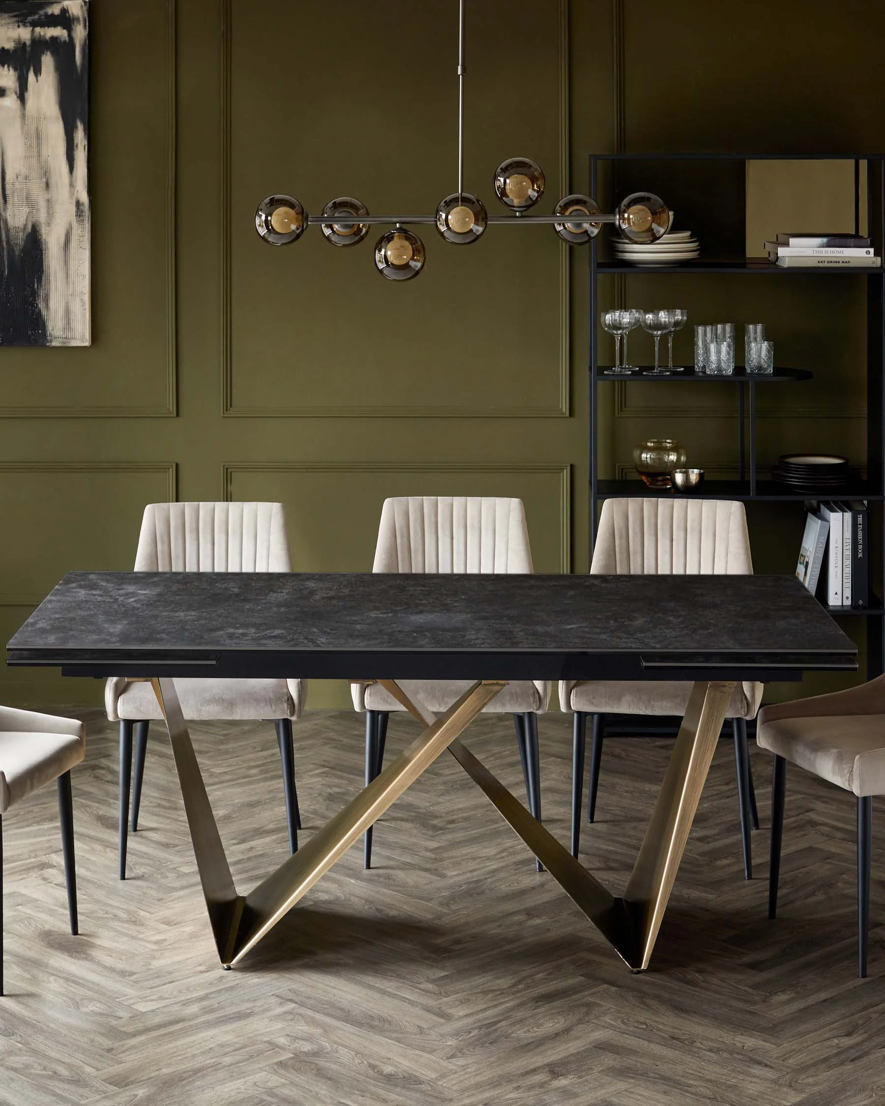 Calenzano 8-10 Seater Dark Grey Ceramic Dining Table with 8 Blakely Champagne Velvet Dining Chairs - Image 4