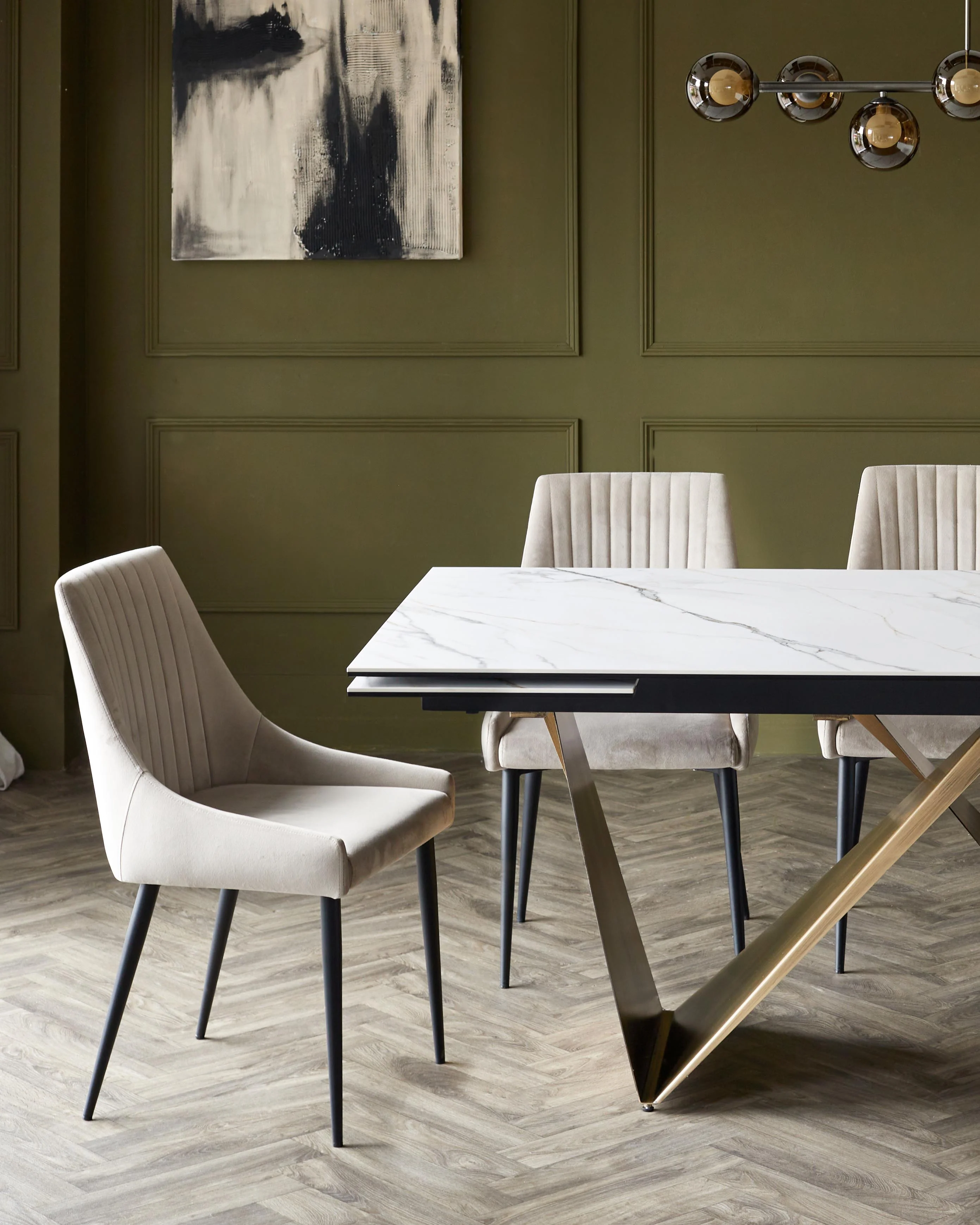 Calenzano 8-10 Seater Natural Ceramic Dining Table with 8 Blakely Champagne Velvet Dining Chairs - Image 3