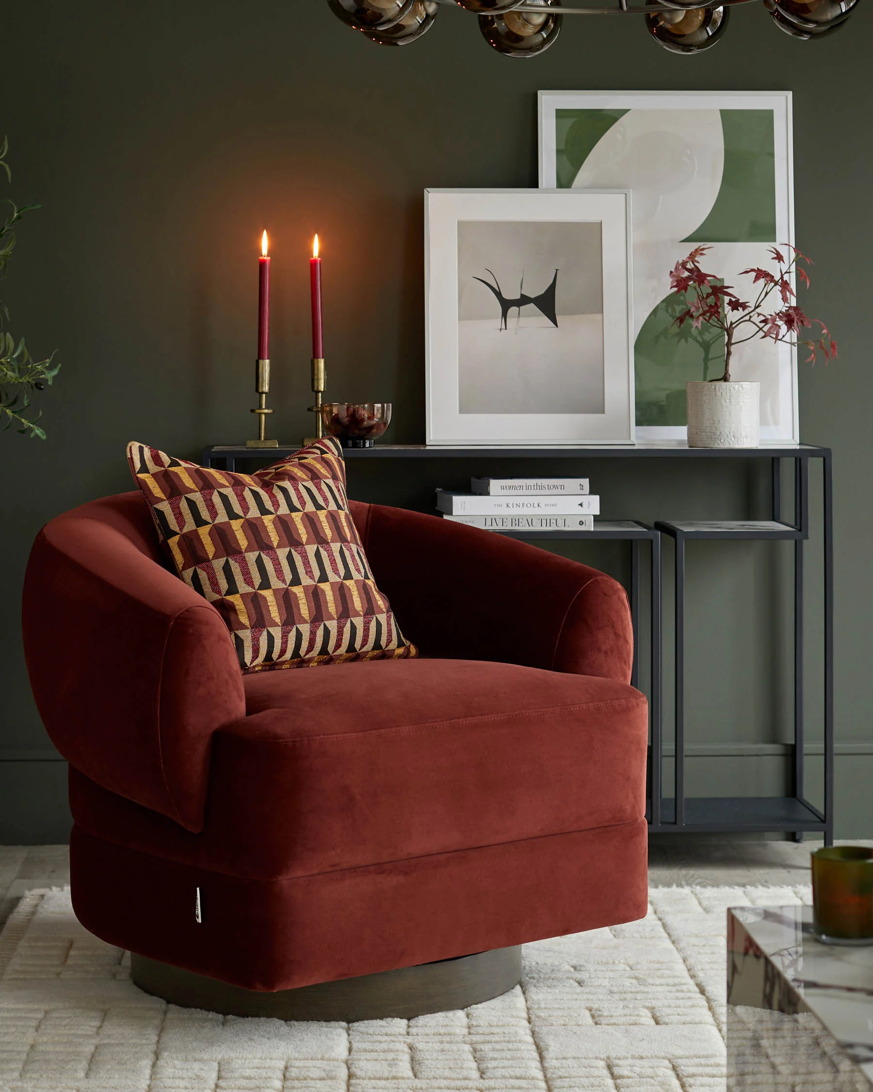 Callan toffee red velvet swivel accent chair - Image 2