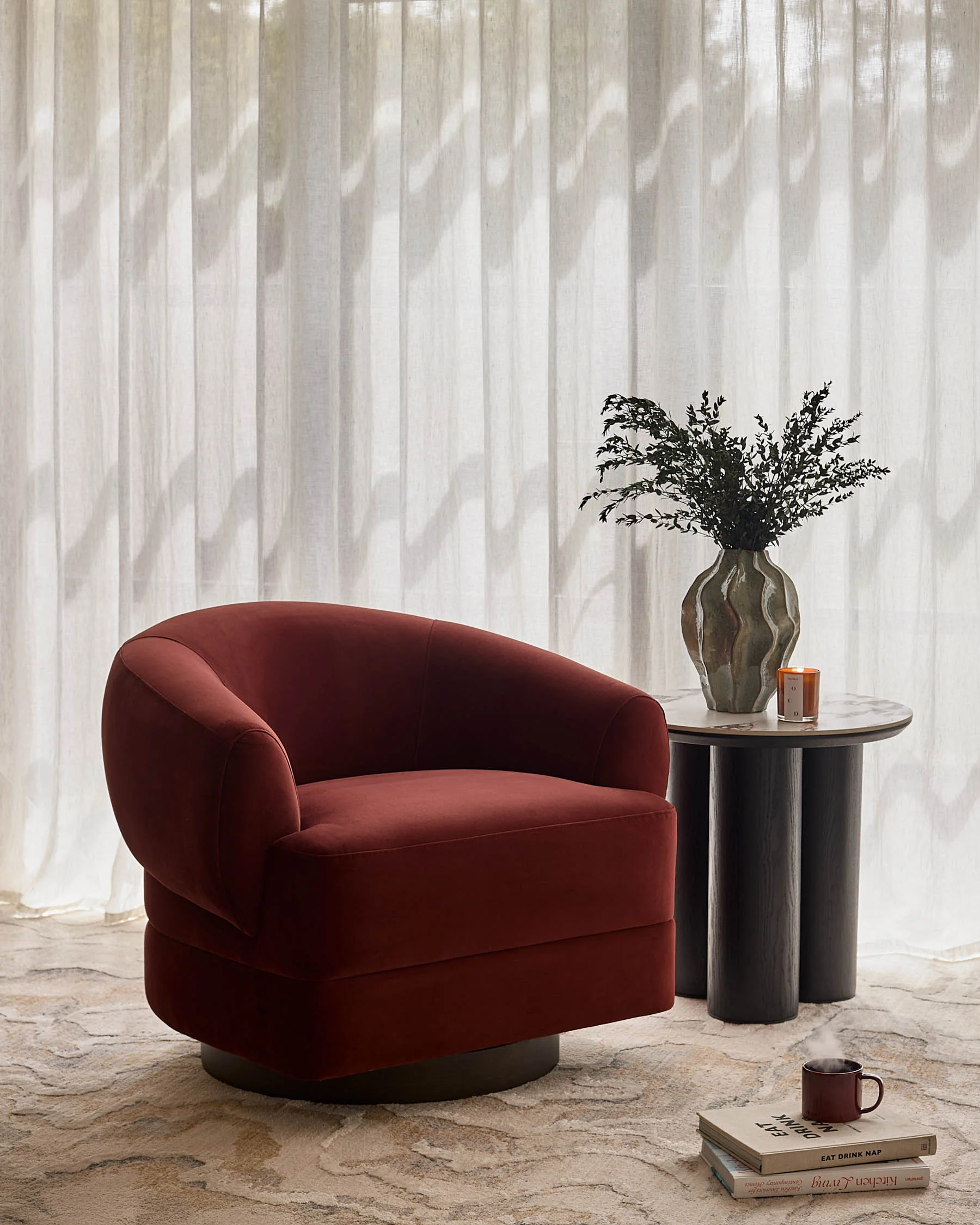 Callan toffee red velvet swivel accent chair - Image 4
