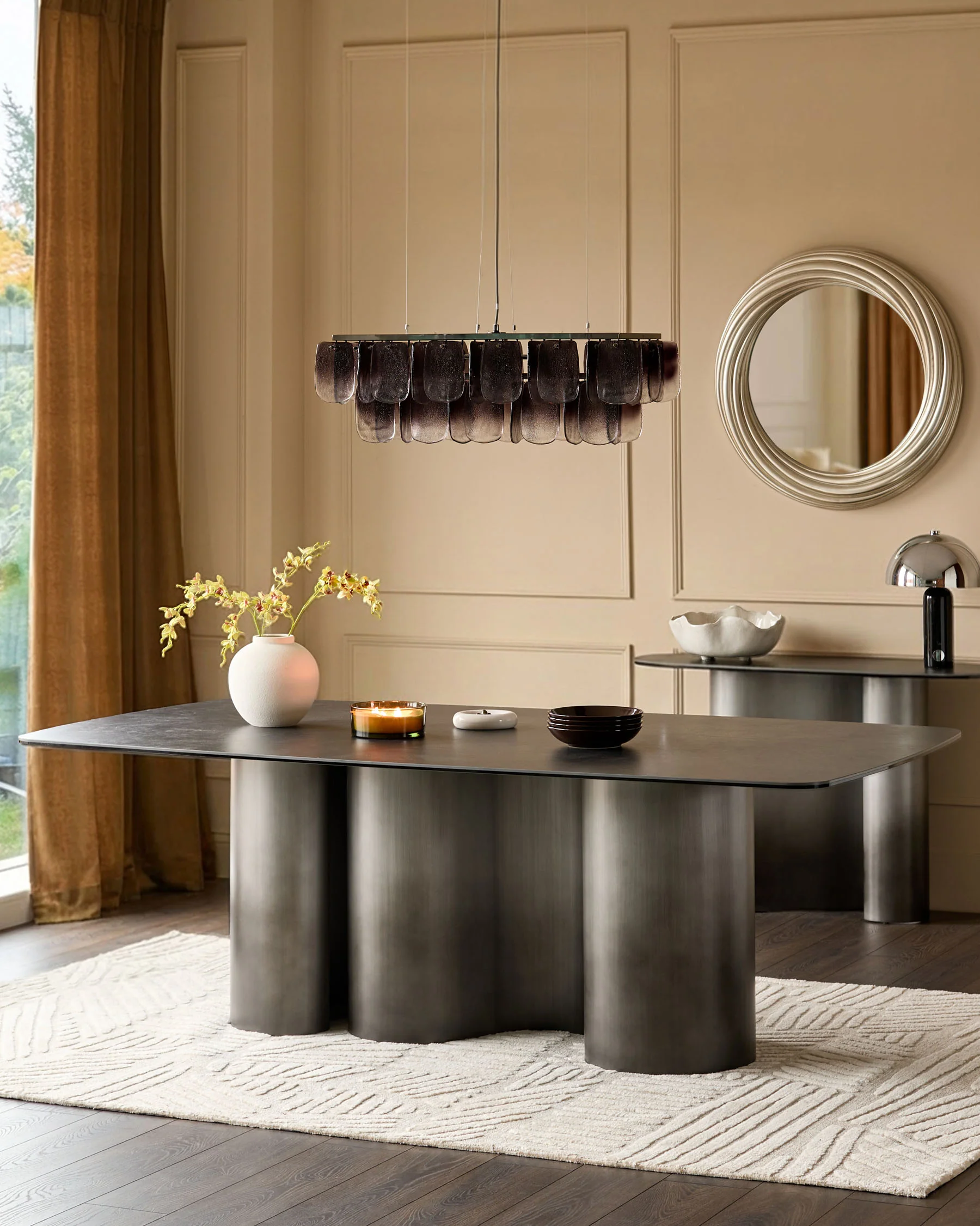 Carlo dark grey ceramic with ombre metal 8 seater dining table