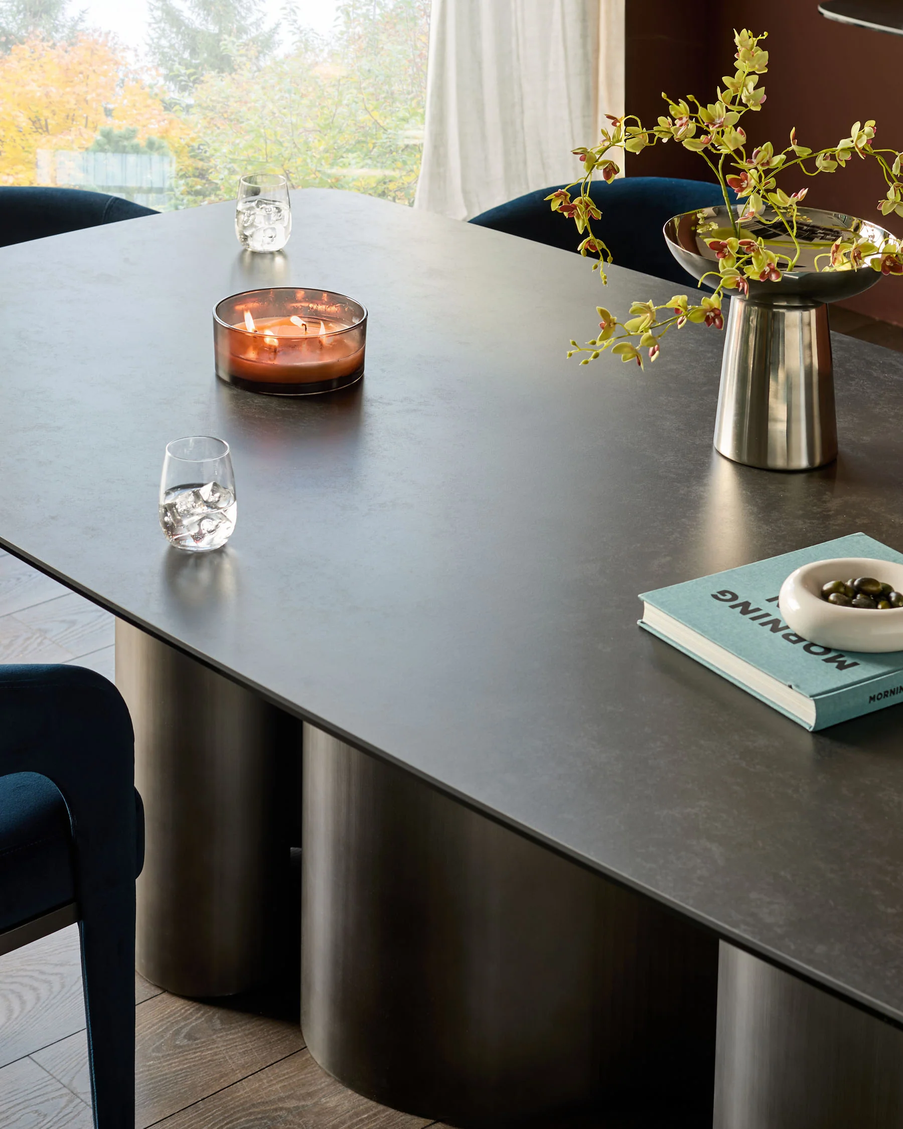 Carlo dark grey ceramic with ombre metal 8 seater dining table - Image 11