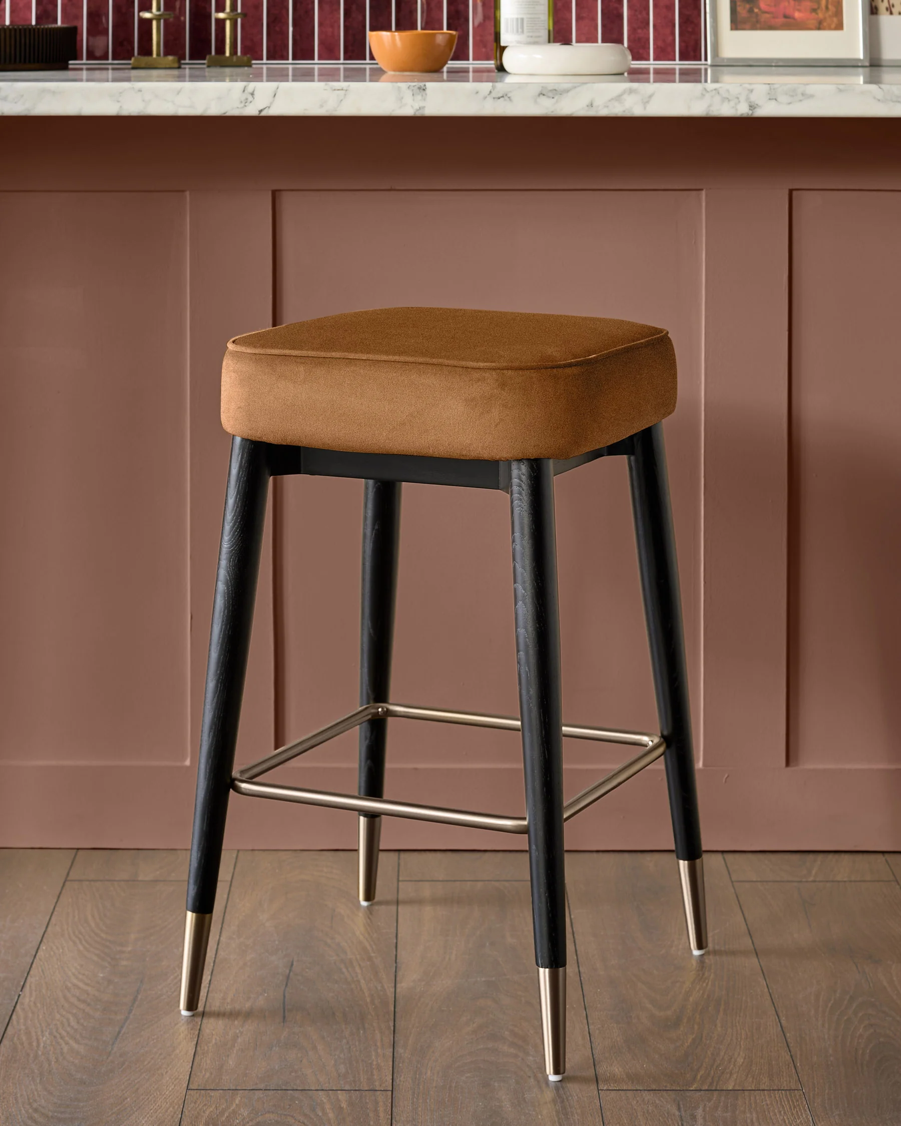 Clover caramel fabric backless brushed bronze bar stool
