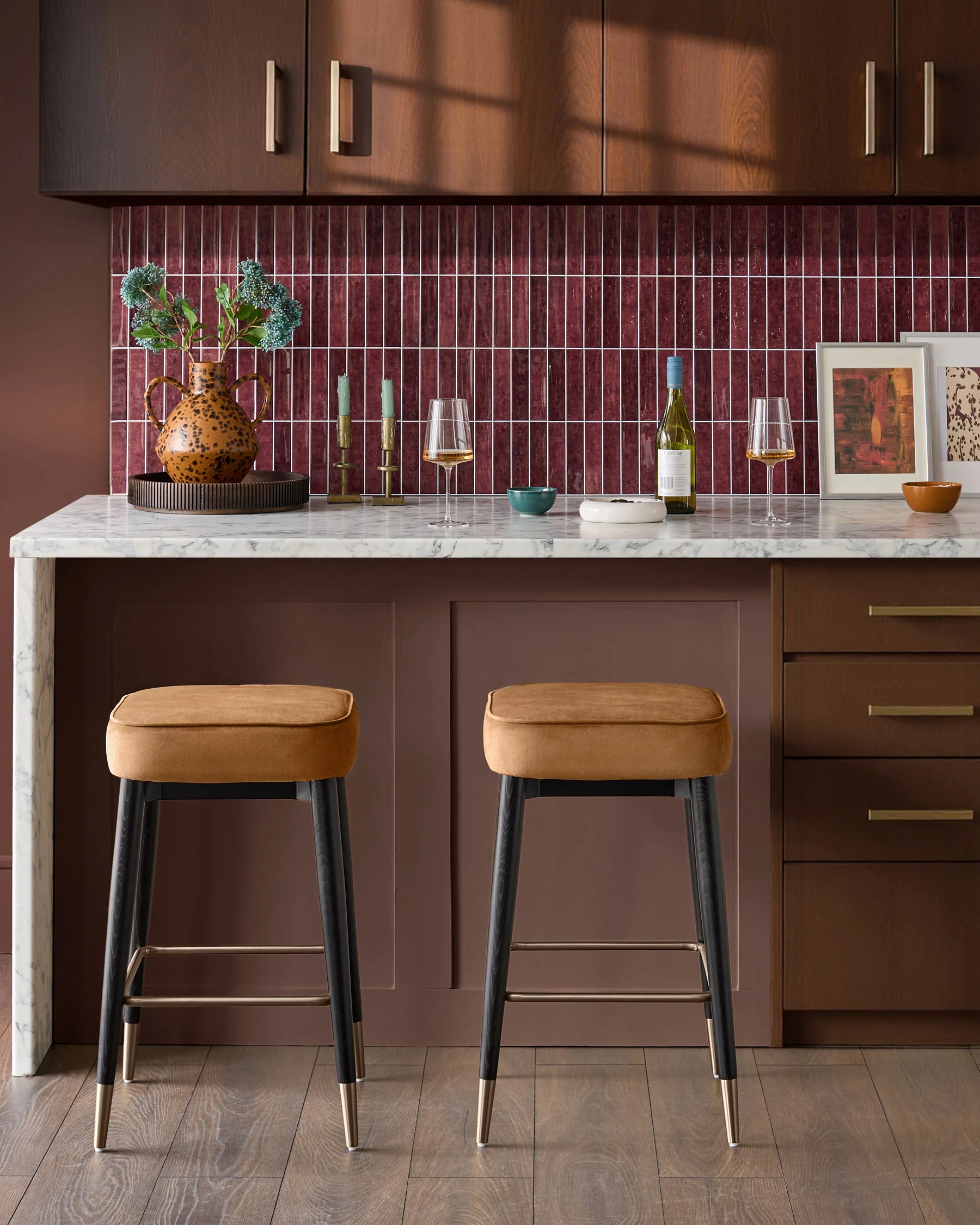 Clover caramel fabric backless brushed bronze bar stool - Image 2