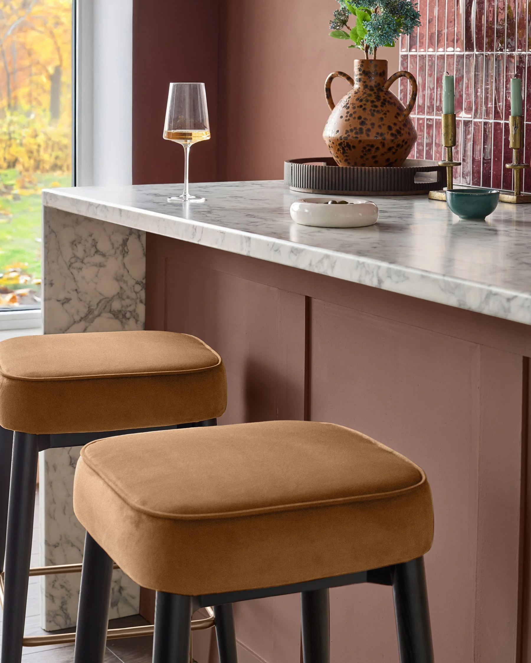 Clover caramel fabric backless brushed bronze bar stool - Image 3