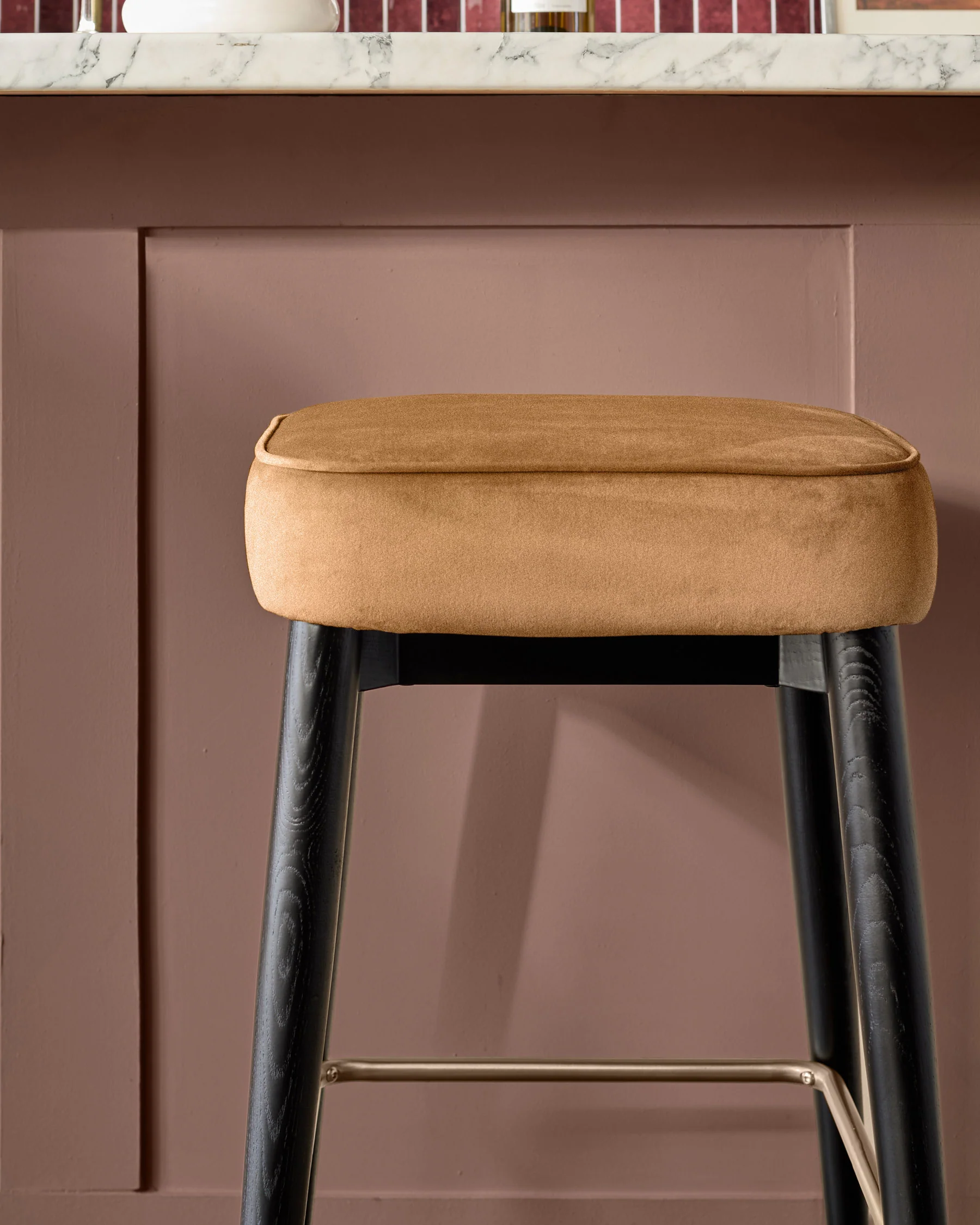 Clover caramel fabric backless brushed bronze bar stool - Image 5