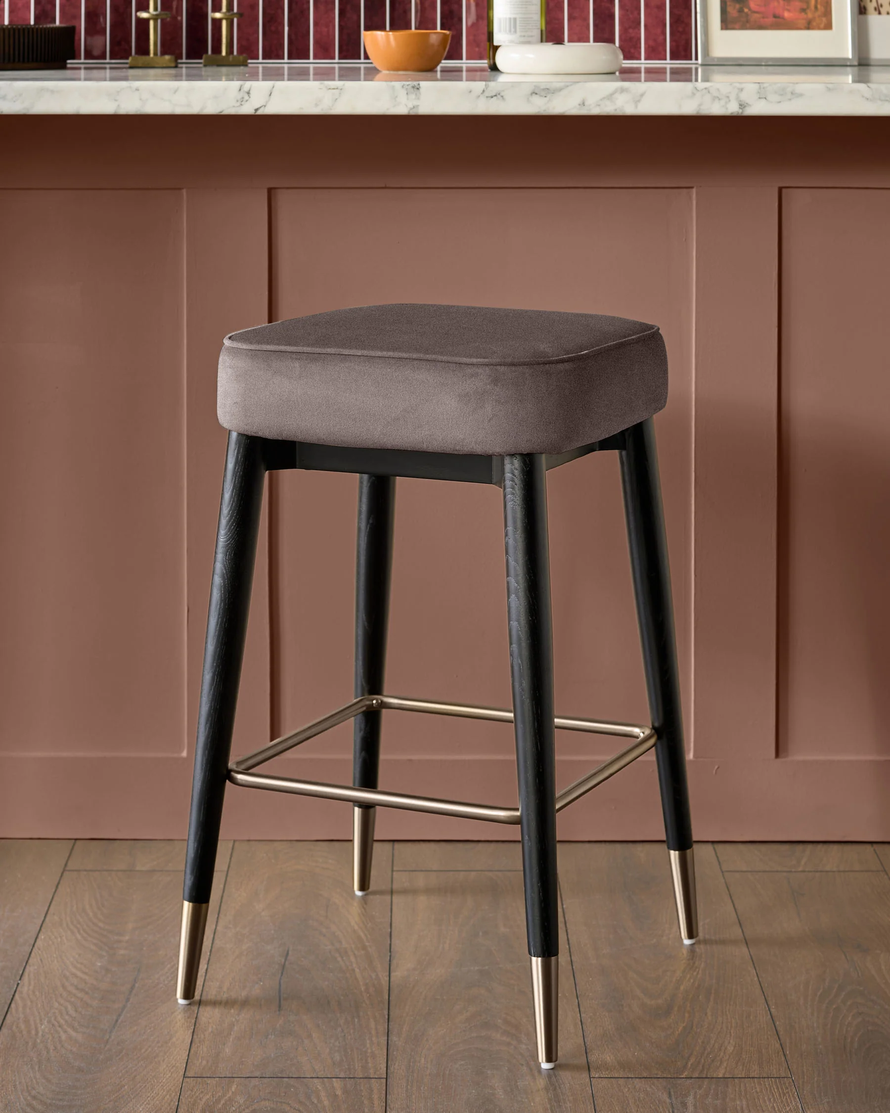 Clover mocha velvet backless brushed bronze bar stool
