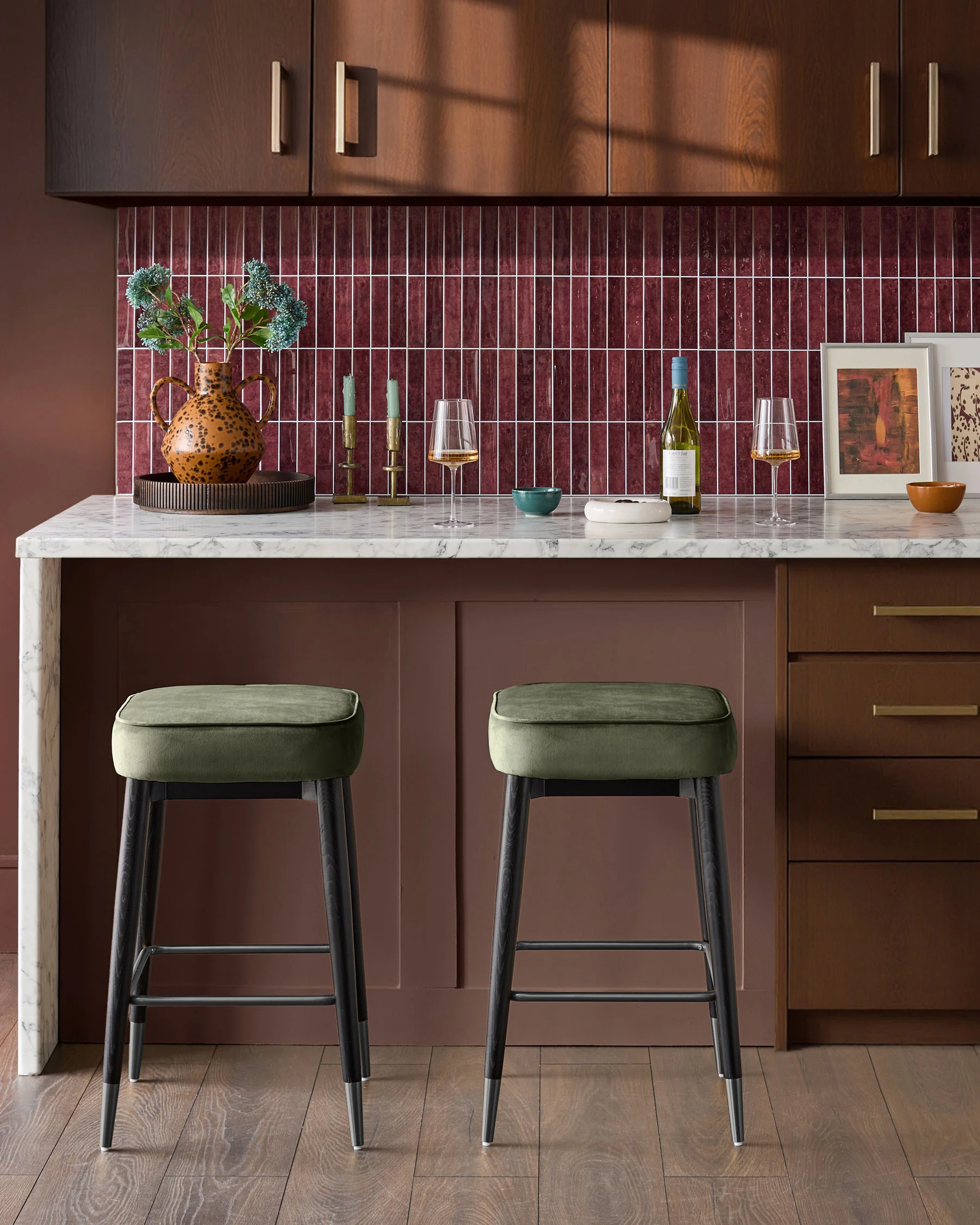 Clover olive green velvet backless stainless steel bar stool - Image 2
