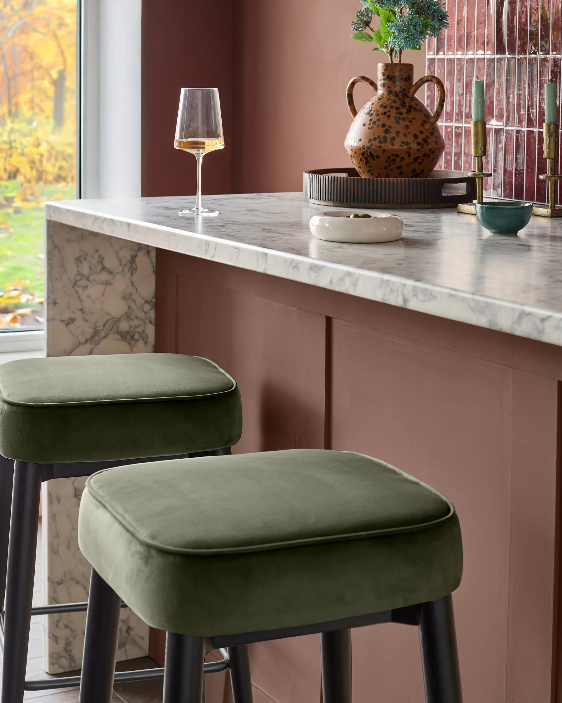 Clover olive green velvet backless stainless steel bar stool - Image 3