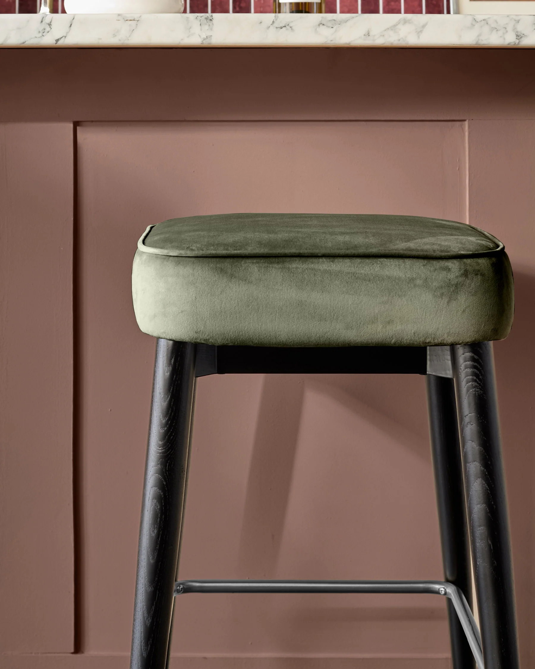 Clover olive green velvet backless stainless steel bar stool - Image 5