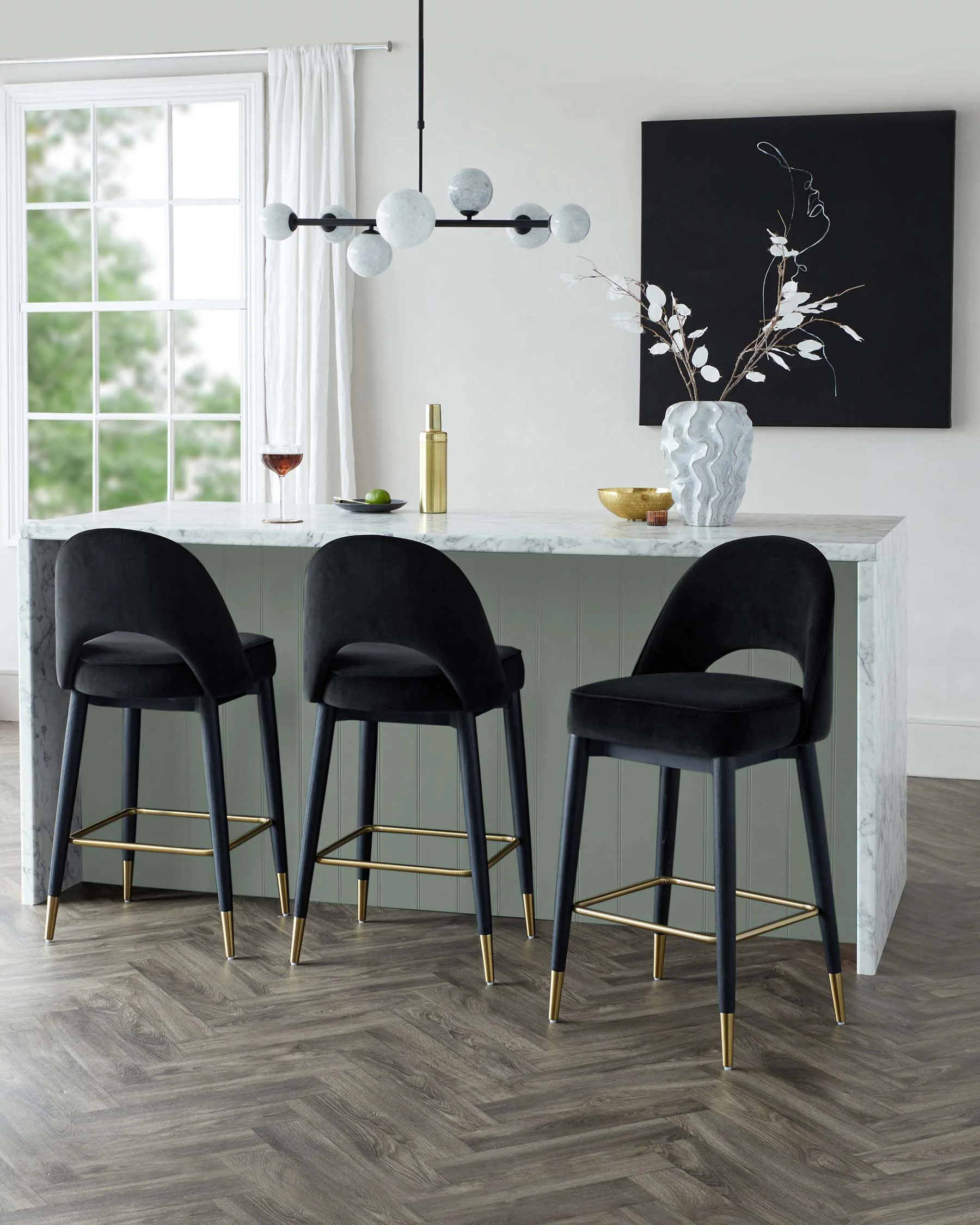 Clover Black Velvet & Brass Bar Stool - Image 2