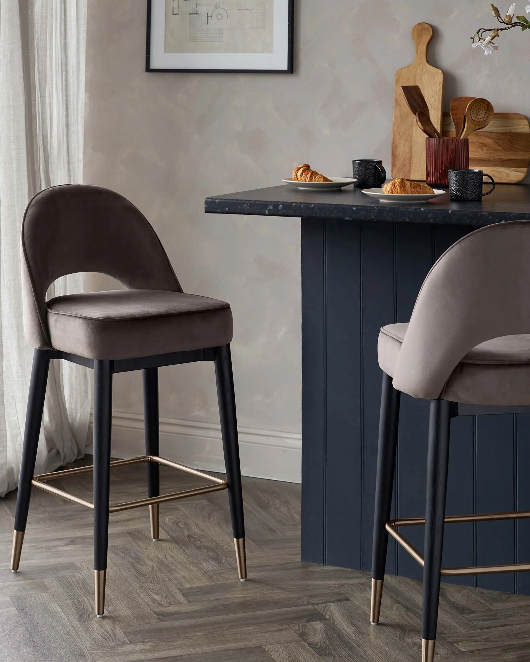 Clover Mocha Velvet Bar Stool With Brushed Bronze Legs - Image 2