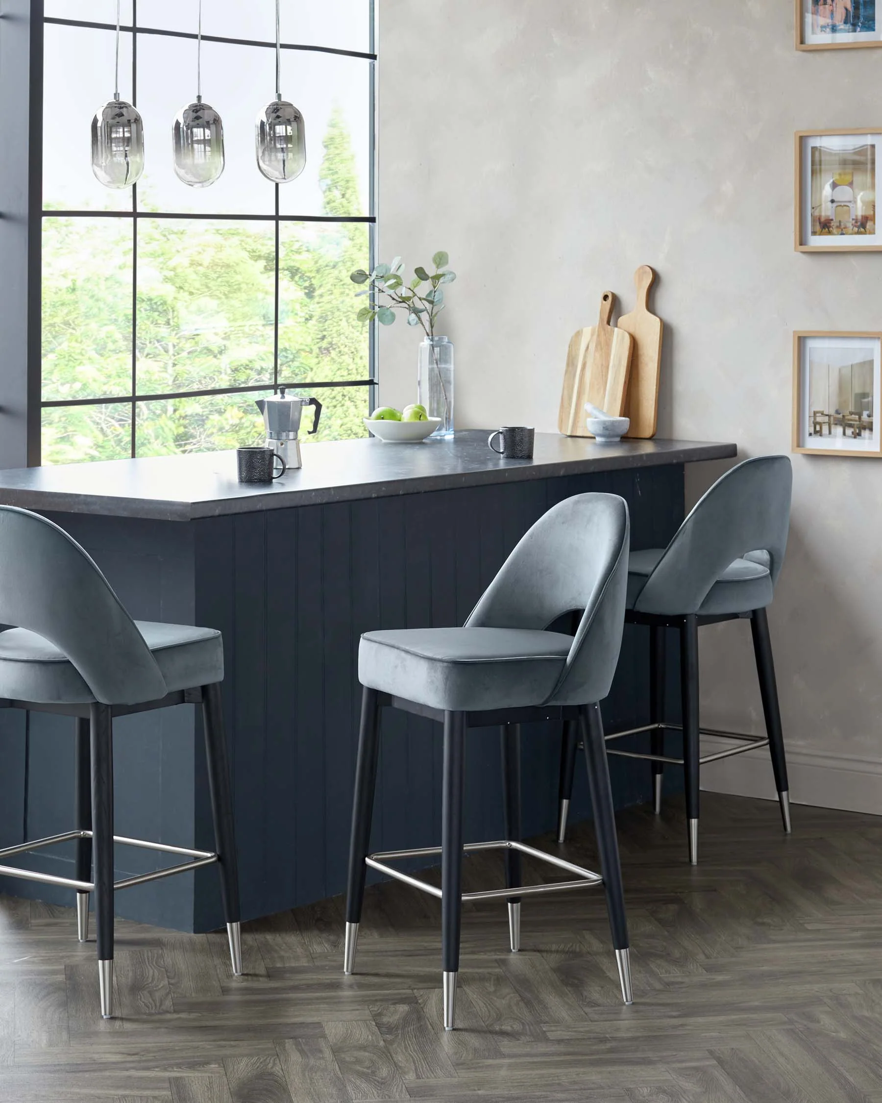 Clover Black Wood with Stainless Steel Caps Bar Stool in Blue Grey Plush Velvet - Image 2