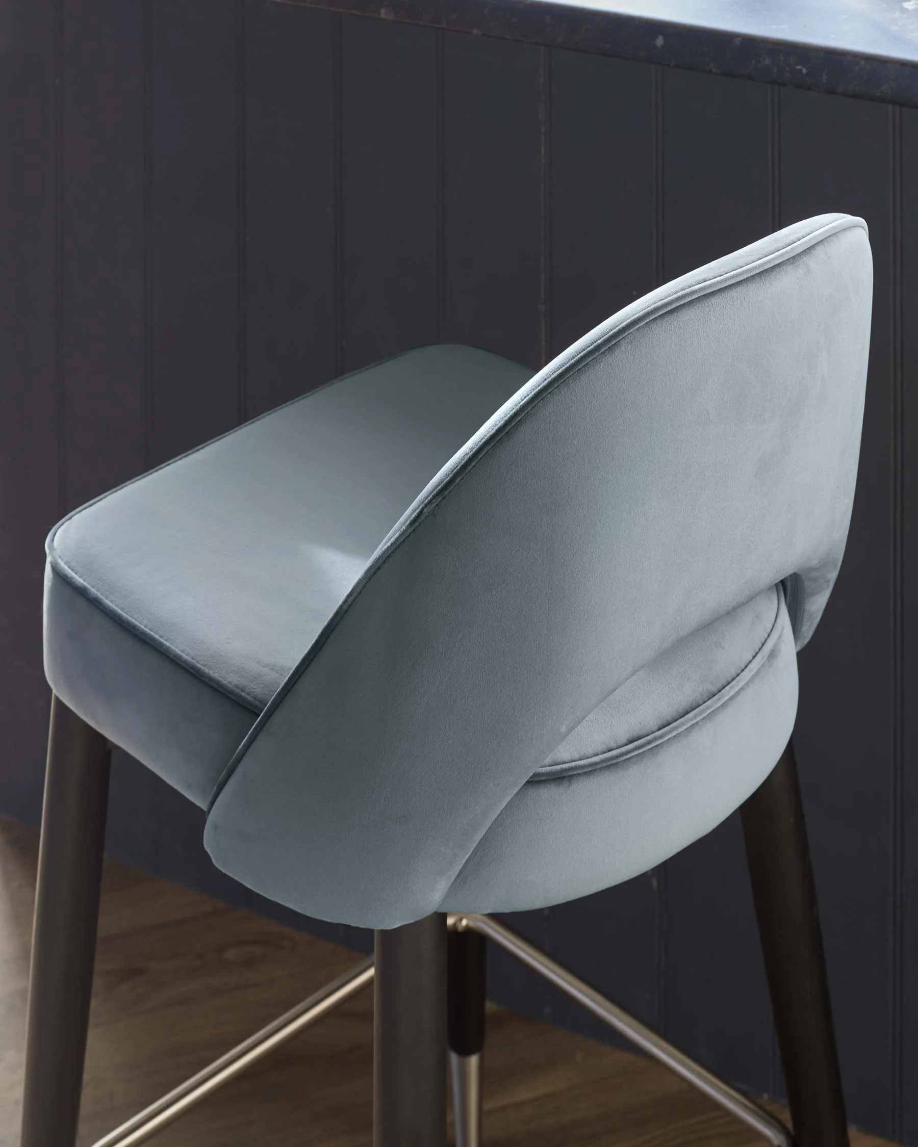 Clover Black Wood with Stainless Steel Caps Bar Stool in Blue Grey Plush Velvet - Image 3