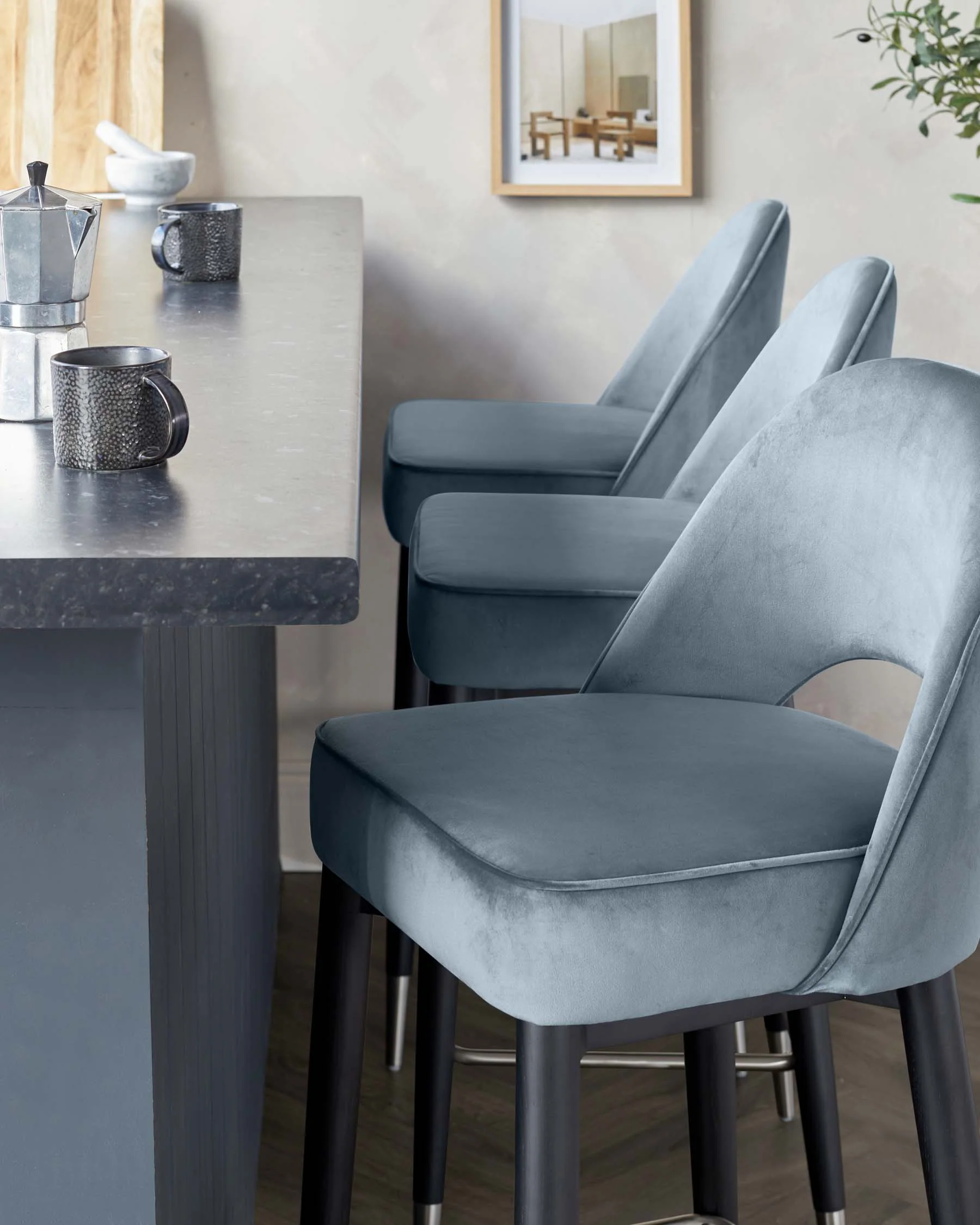 Clover Black Wood with Stainless Steel Caps Bar Stool in Blue Grey Plush Velvet - Image 4