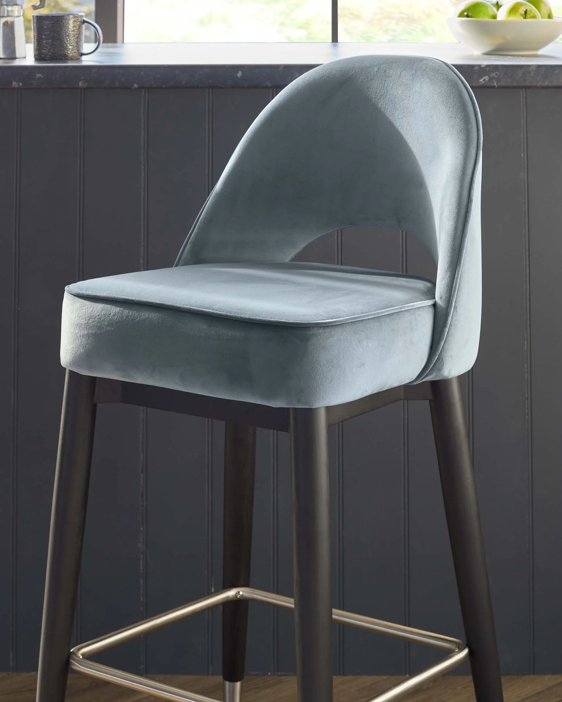 Clover Black Wood with Stainless Steel Caps Bar Stool in Blue Grey Plush Velvet - Image 5