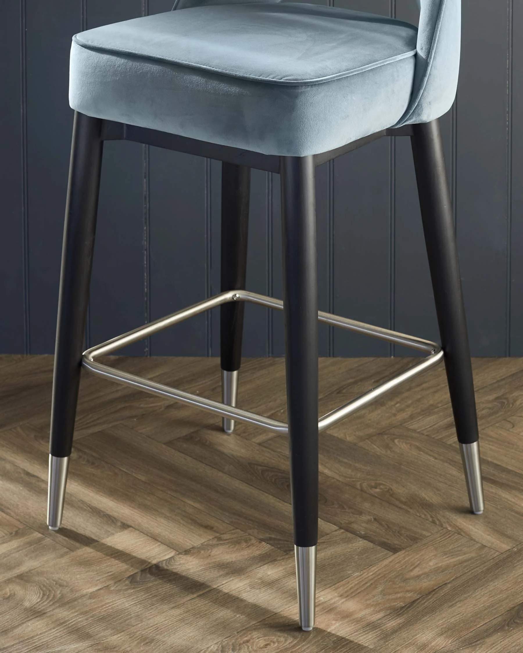 Clover Black Wood with Stainless Steel Caps Bar Stool in Blue Grey Plush Velvet - Image 6
