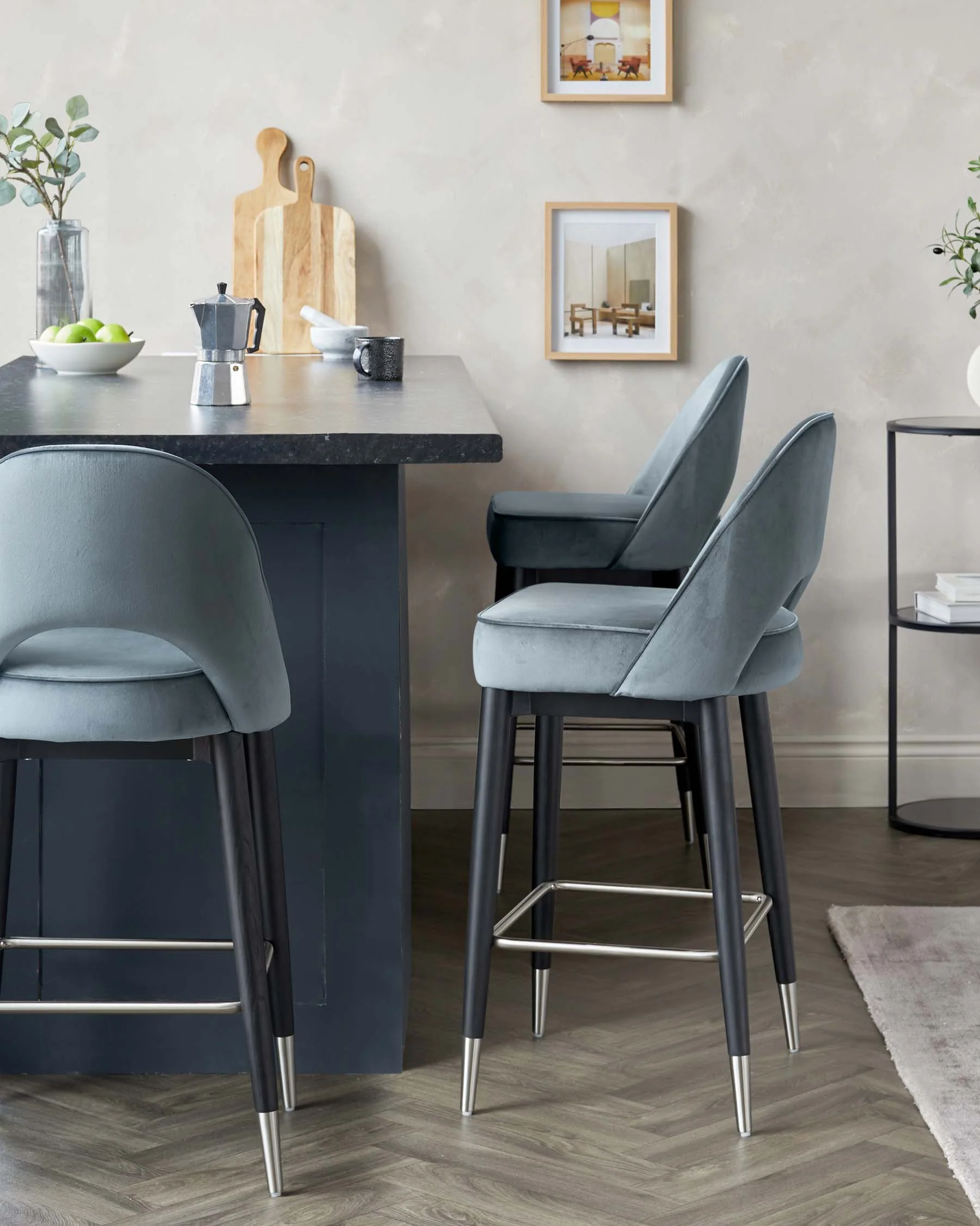 Clover Black Wood with Stainless Steel Caps Bar Stool in Blue Grey Plush Velvet - Image 7
