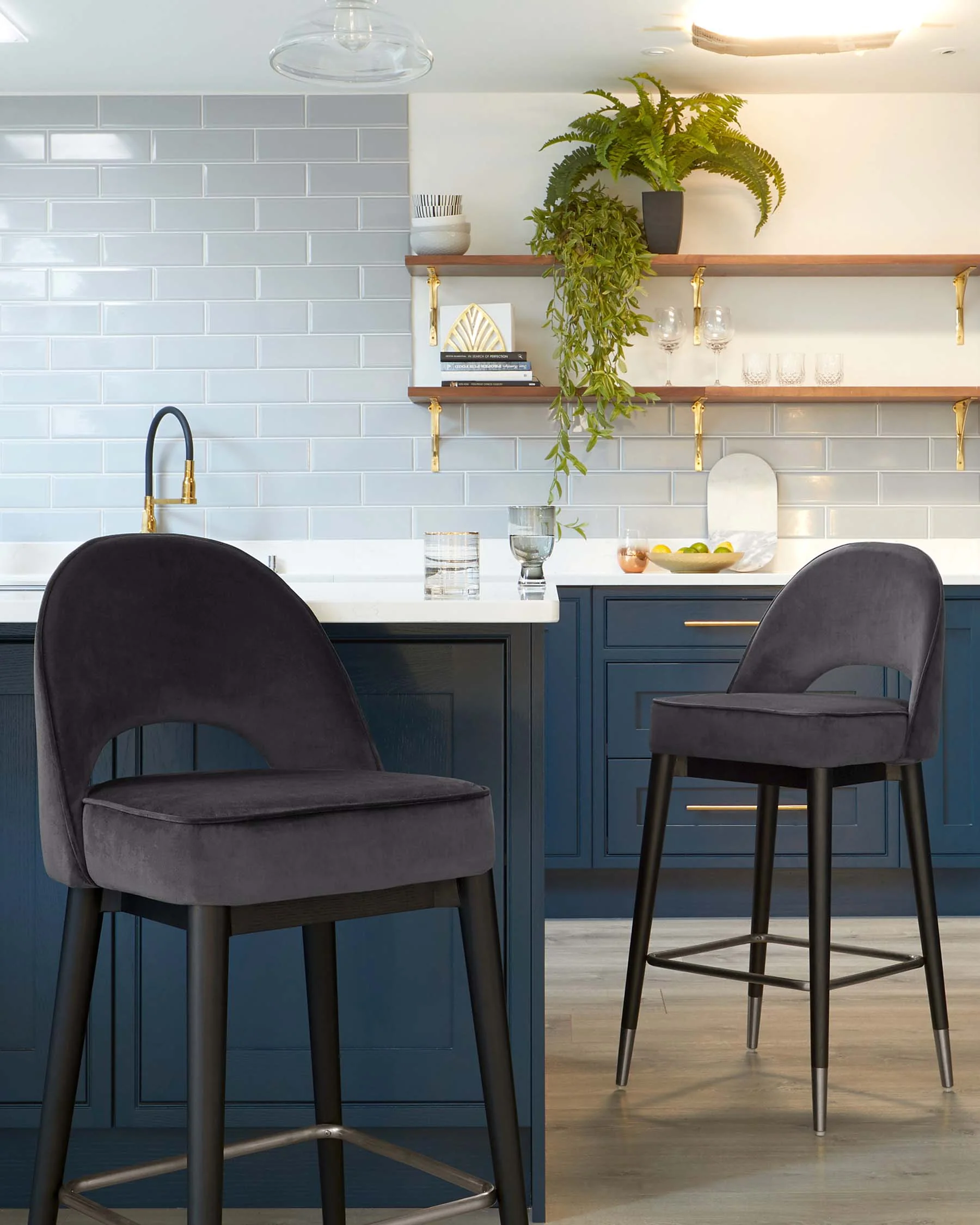 Clover Dark Grey Velvet Bar Stool With Stainless Steel Caps - Image 2