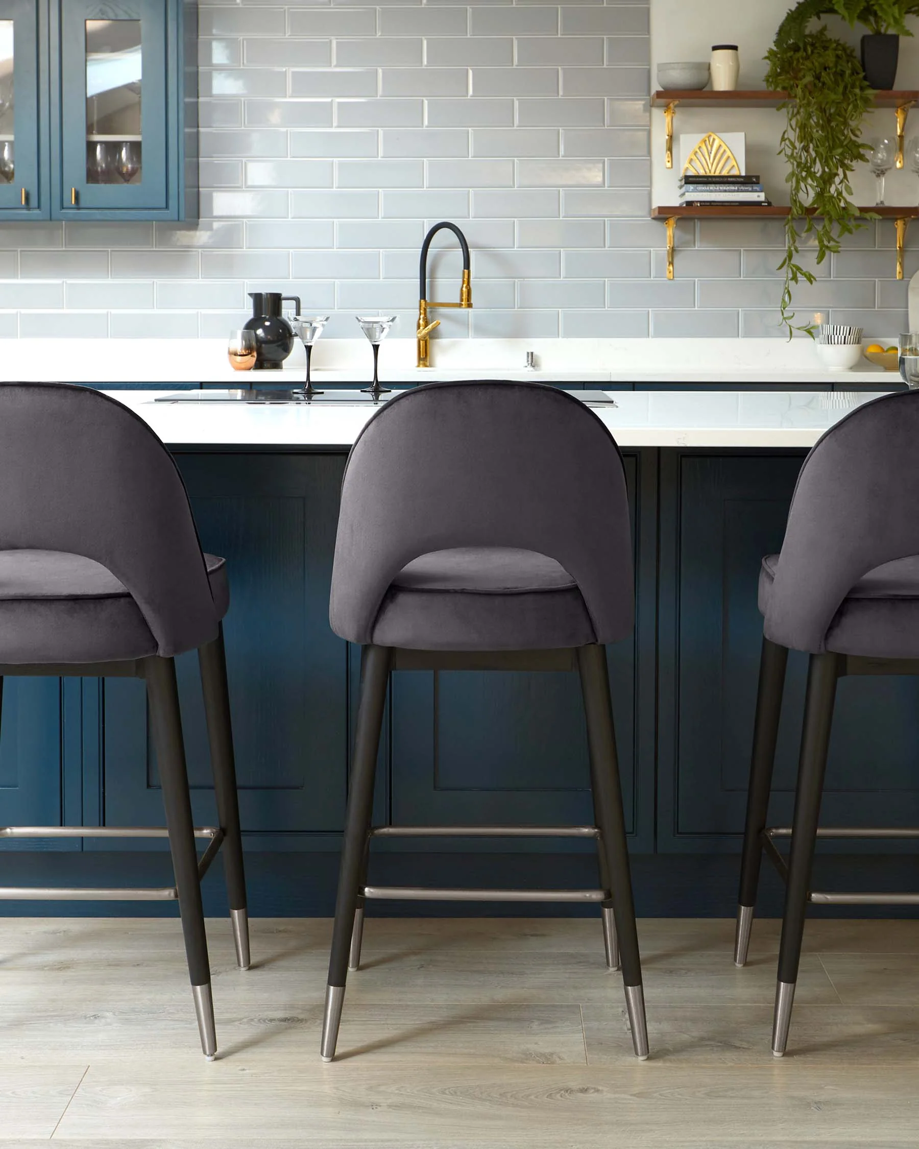 Clover Dark Grey Velvet Bar Stool With Stainless Steel Caps - Image 3