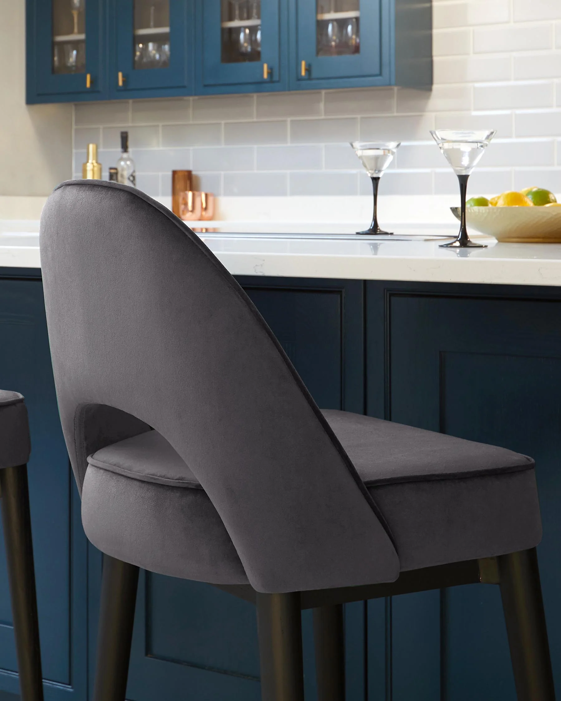 Clover Dark Grey Velvet Bar Stool With Stainless Steel Caps - Image 4