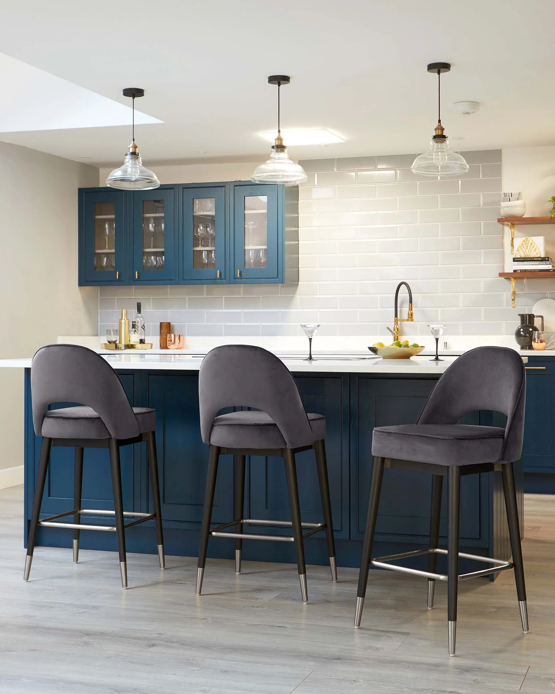 Clover Dark Grey Velvet Bar Stool With Stainless Steel Caps - Image 6