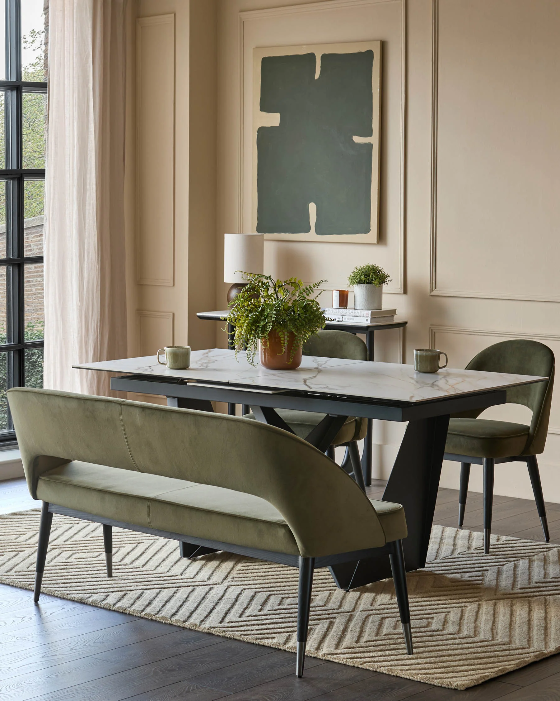 Clover olive green velvet dining bench with backrest - Image 2